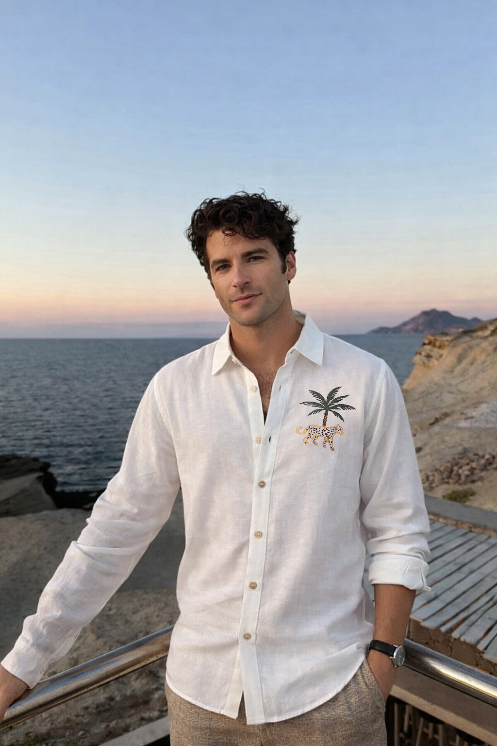 Mountains Vs Beaches 100% Cotton Regular Fit White Embroidery Shirt