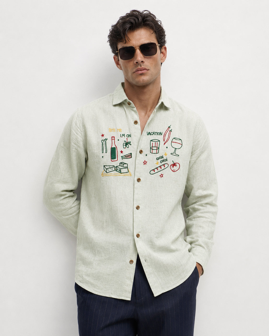 Playful Vacation Cotton Regular Fit Sage Green Embroidered Shirt