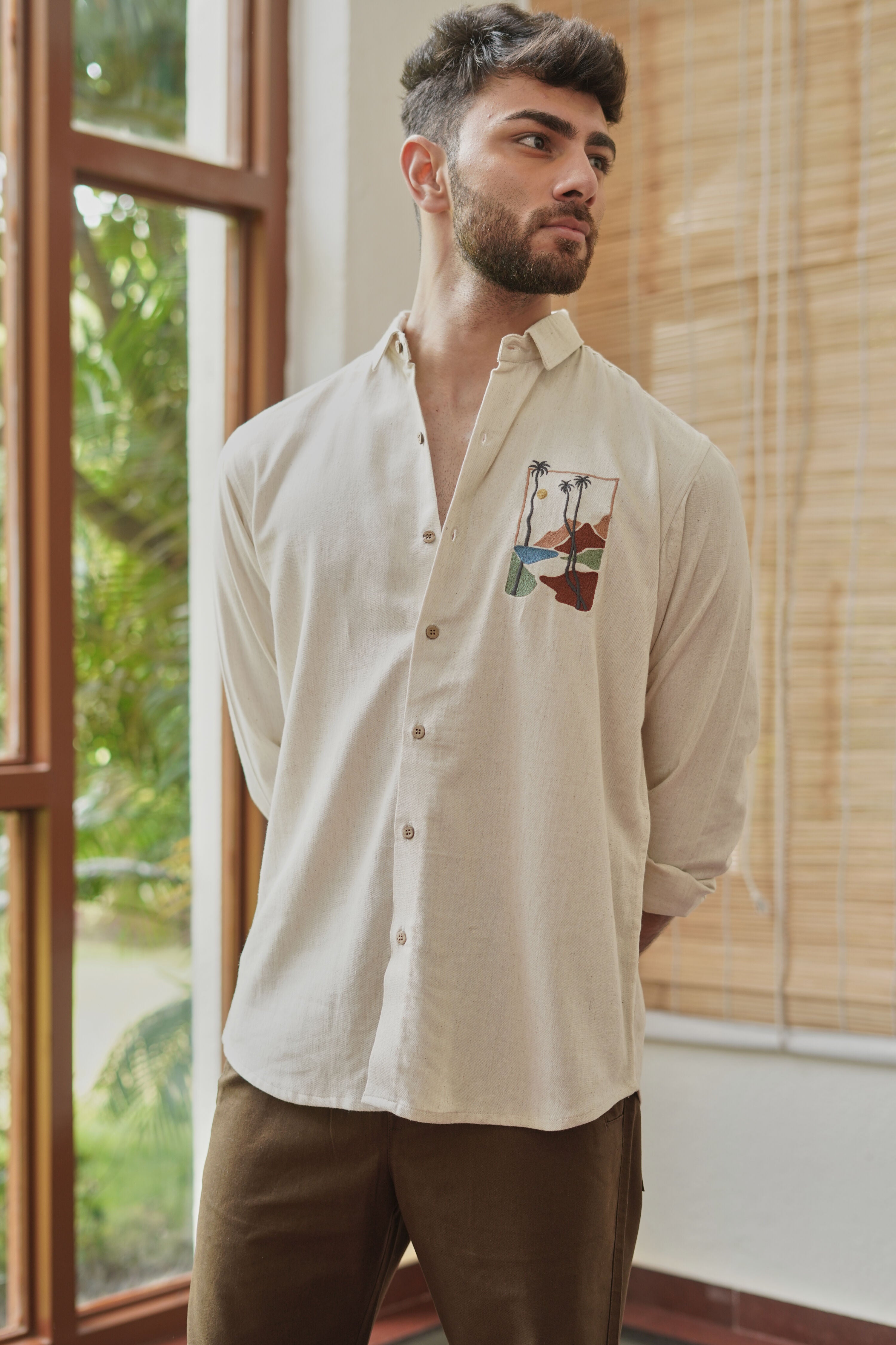 Men's regular fit beige embroidered shirt - full front view