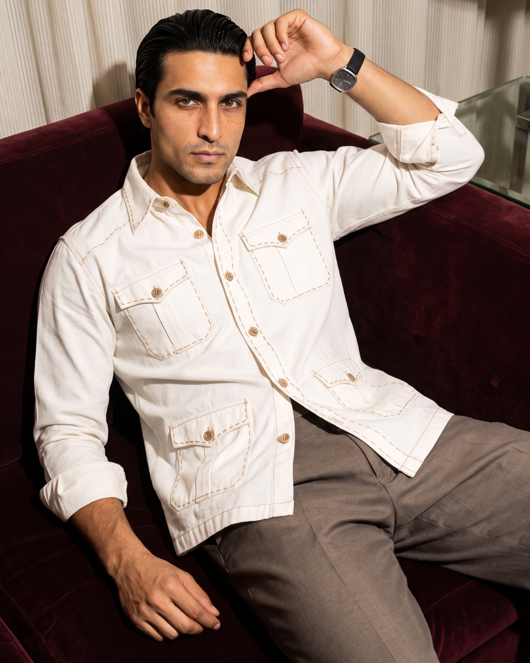 Safari Style White Cotton- Pick Stitched with Multi Pockets Shirt