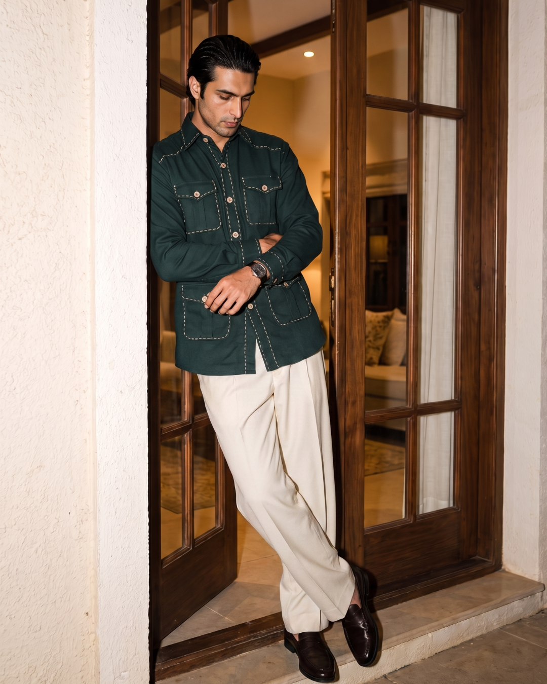 Safari Style Green Cotton- Pick Stitched with Multi Pockets Shirt