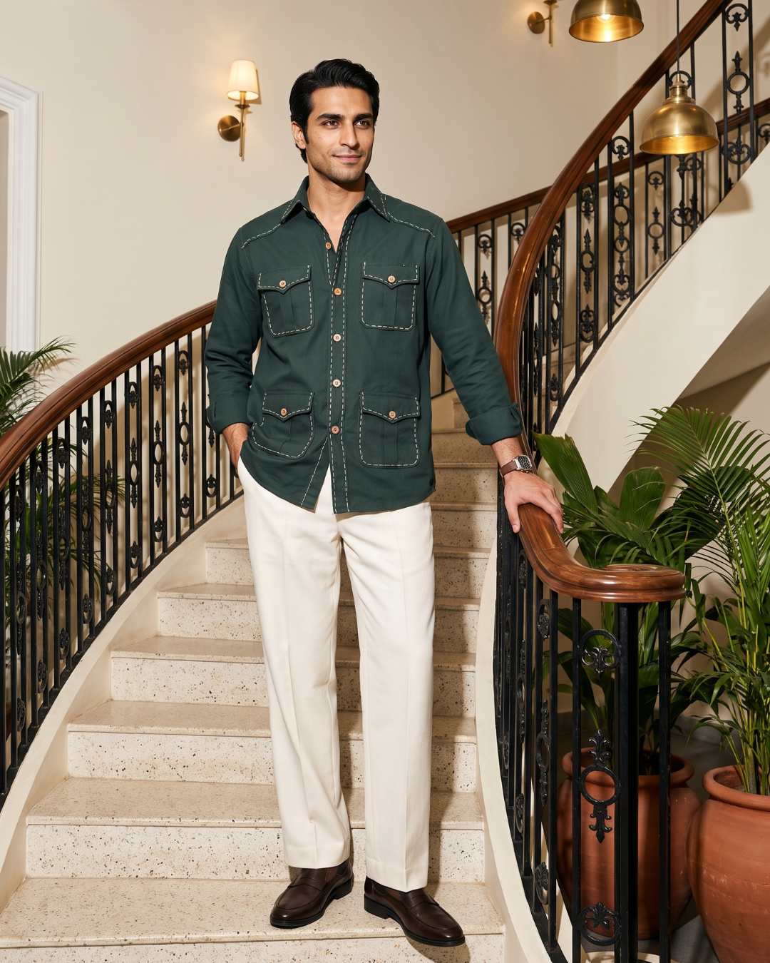 Safari Style Green Cotton- Pick Stitched with Multi Pockets Shirt