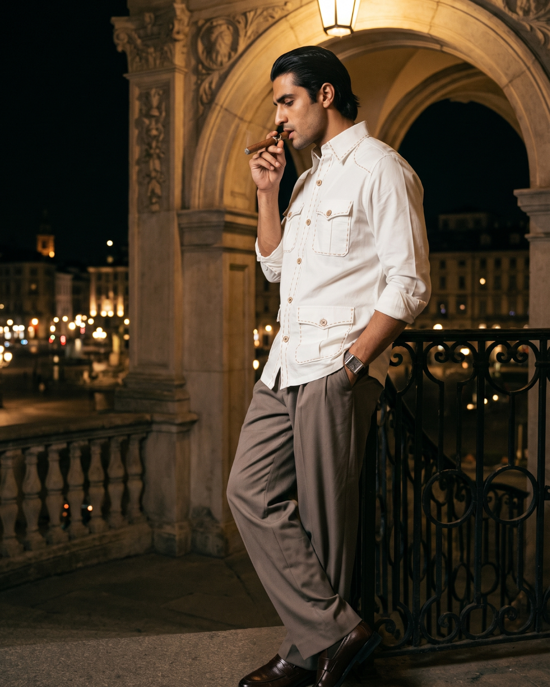 Safari Style White Cotton- Pick Stitched with Multi Pockets Shirt