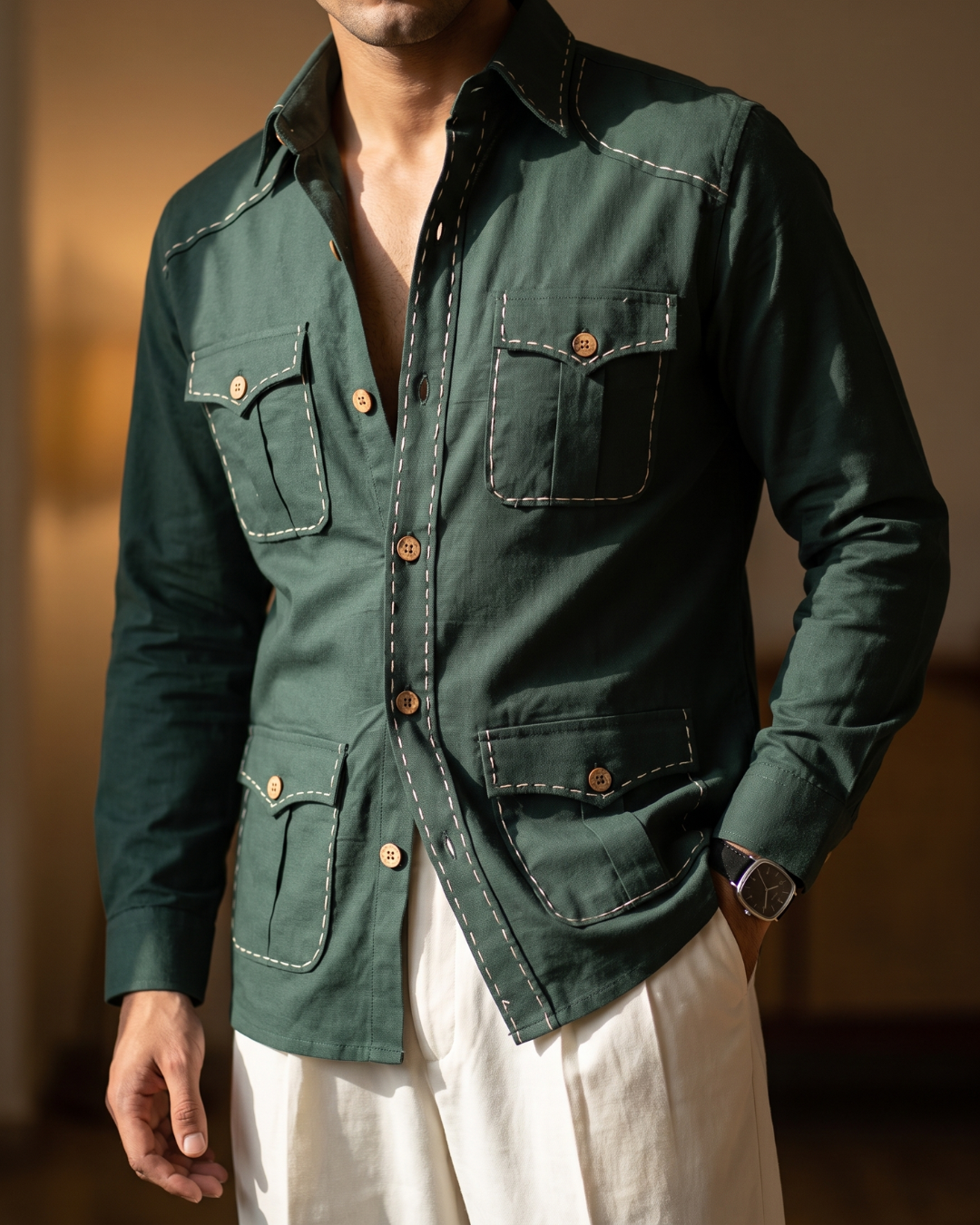 Safari Style Green Cotton- Pick Stitched with Multi Pockets Shirt