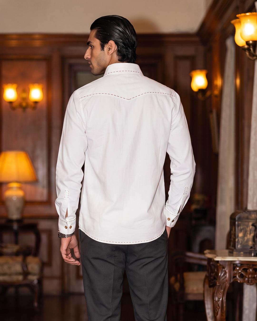 Safari Style White Cotton- Pick Stitched with Multi Pockets Shirt