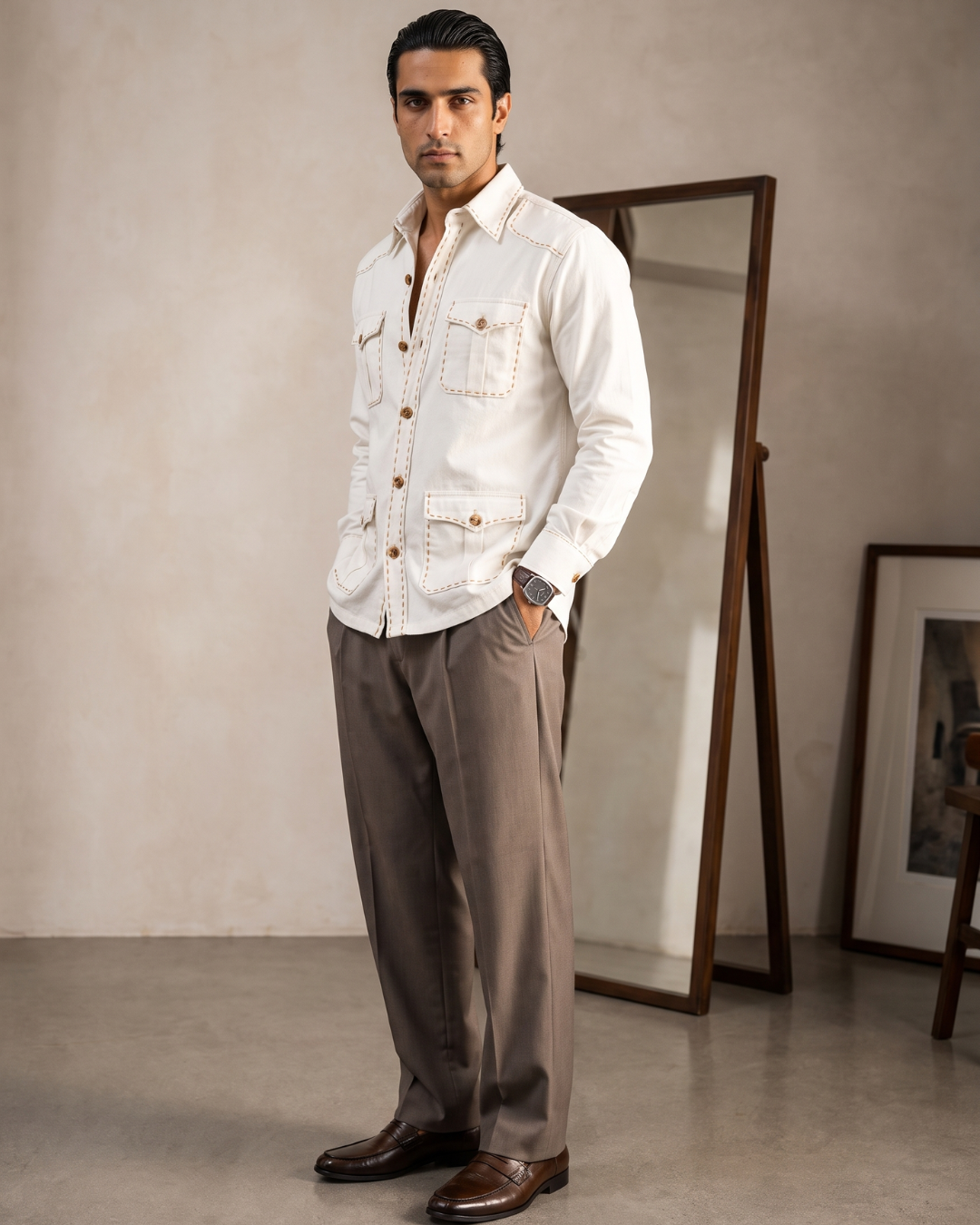 Safari Style White Cotton- Pick Stitched with Multi Pockets Shirt