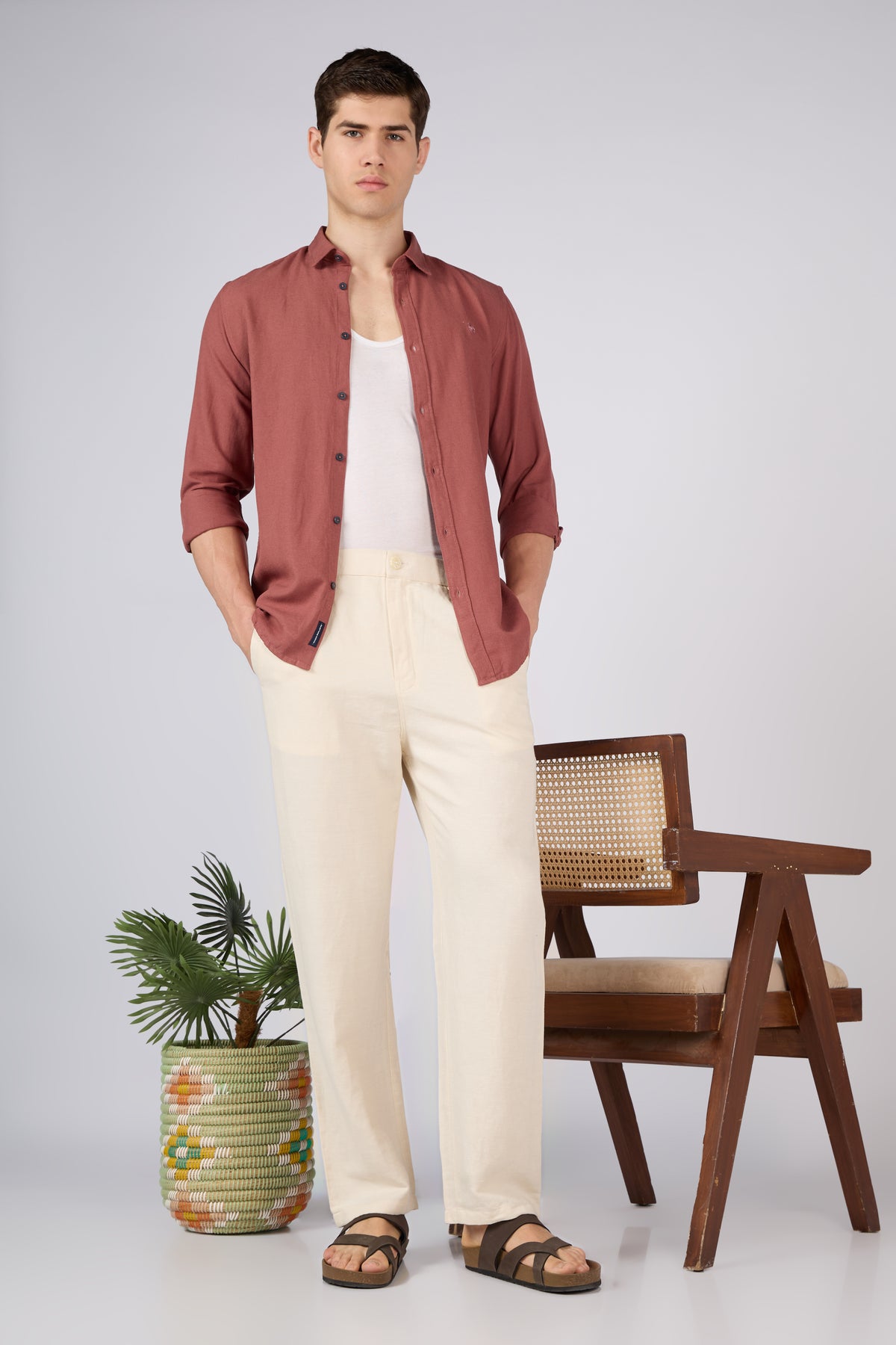 Dionysus Linen-style 100% Cotton Straight Fit Beige Pants