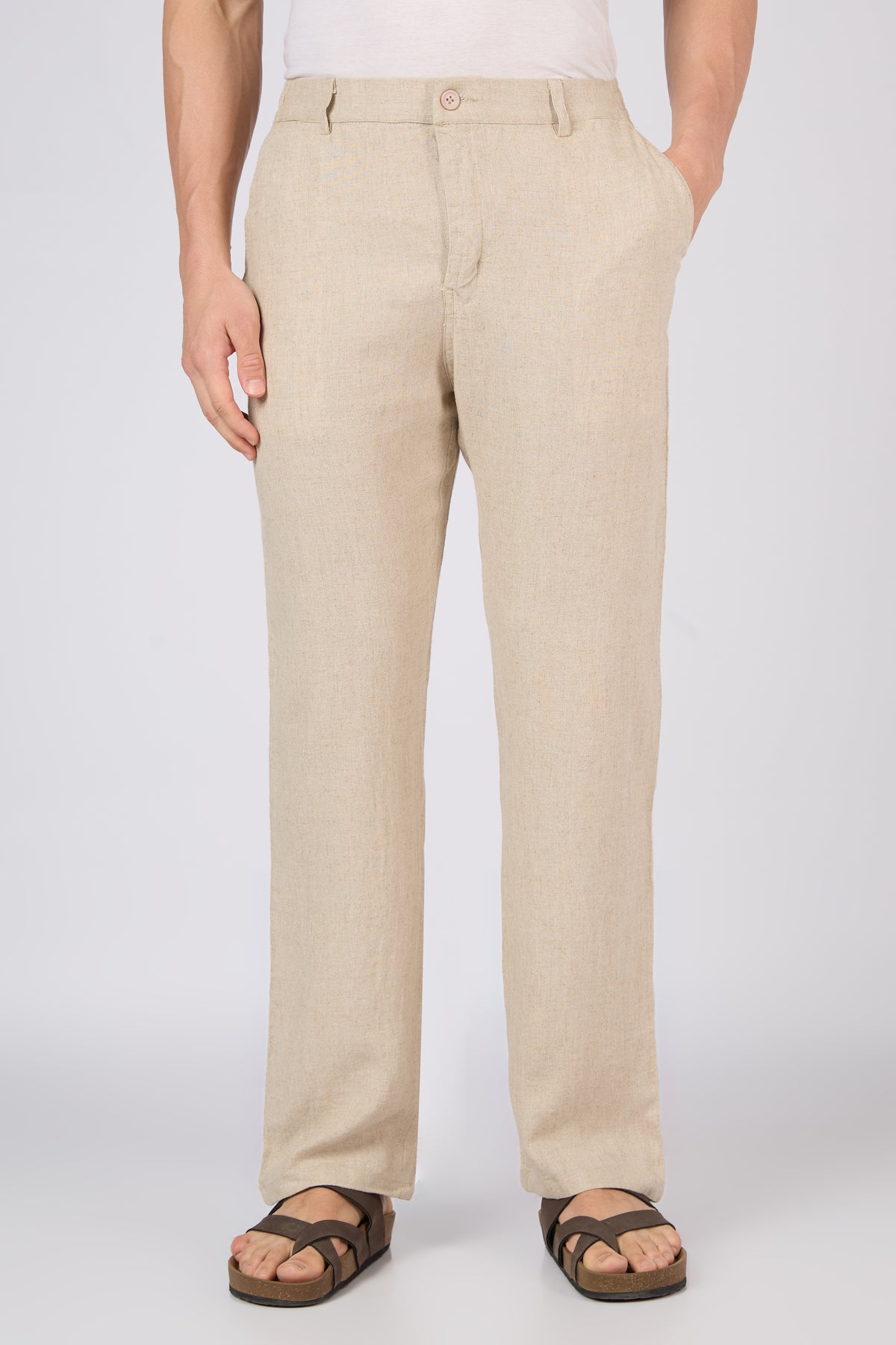 Themis Linen-style 100% Cotton Straight Fit Beige Pants