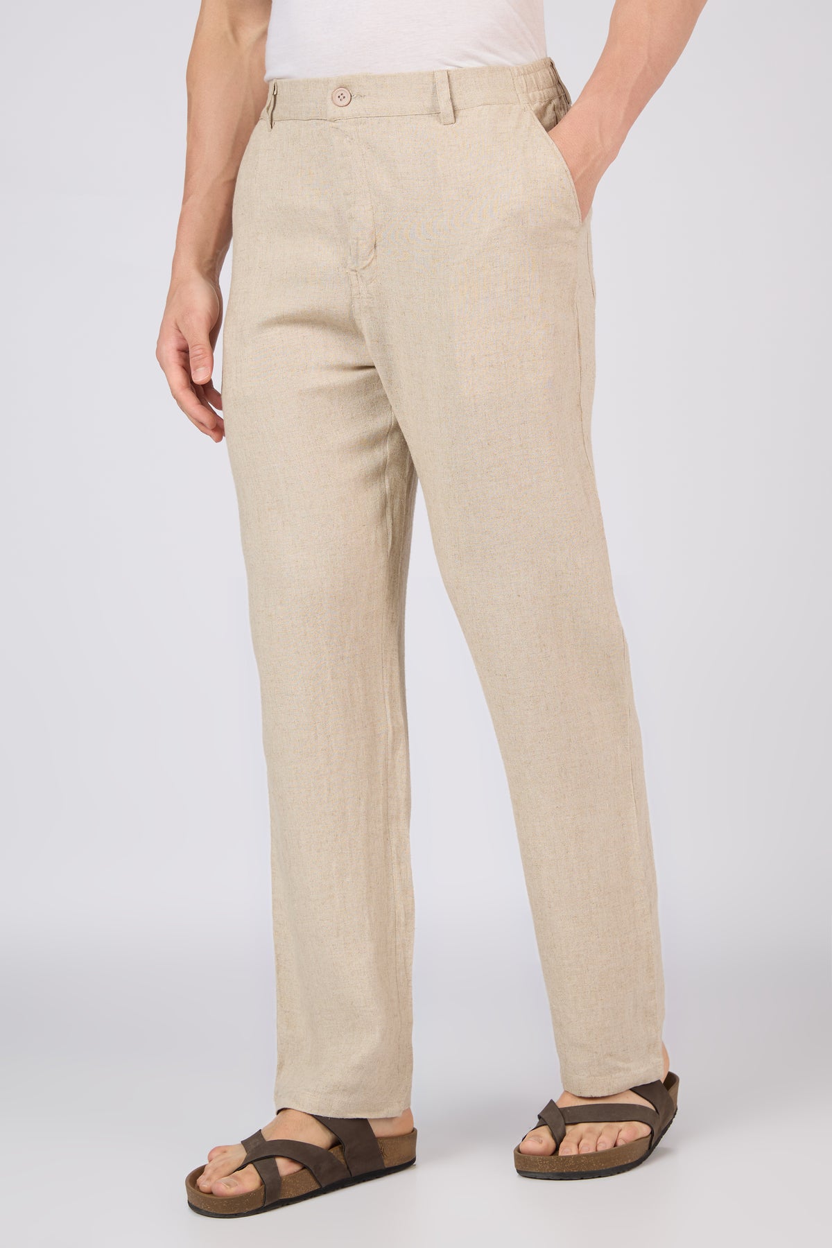 Themis Linen-style 100% Cotton Straight Fit Beige Pants