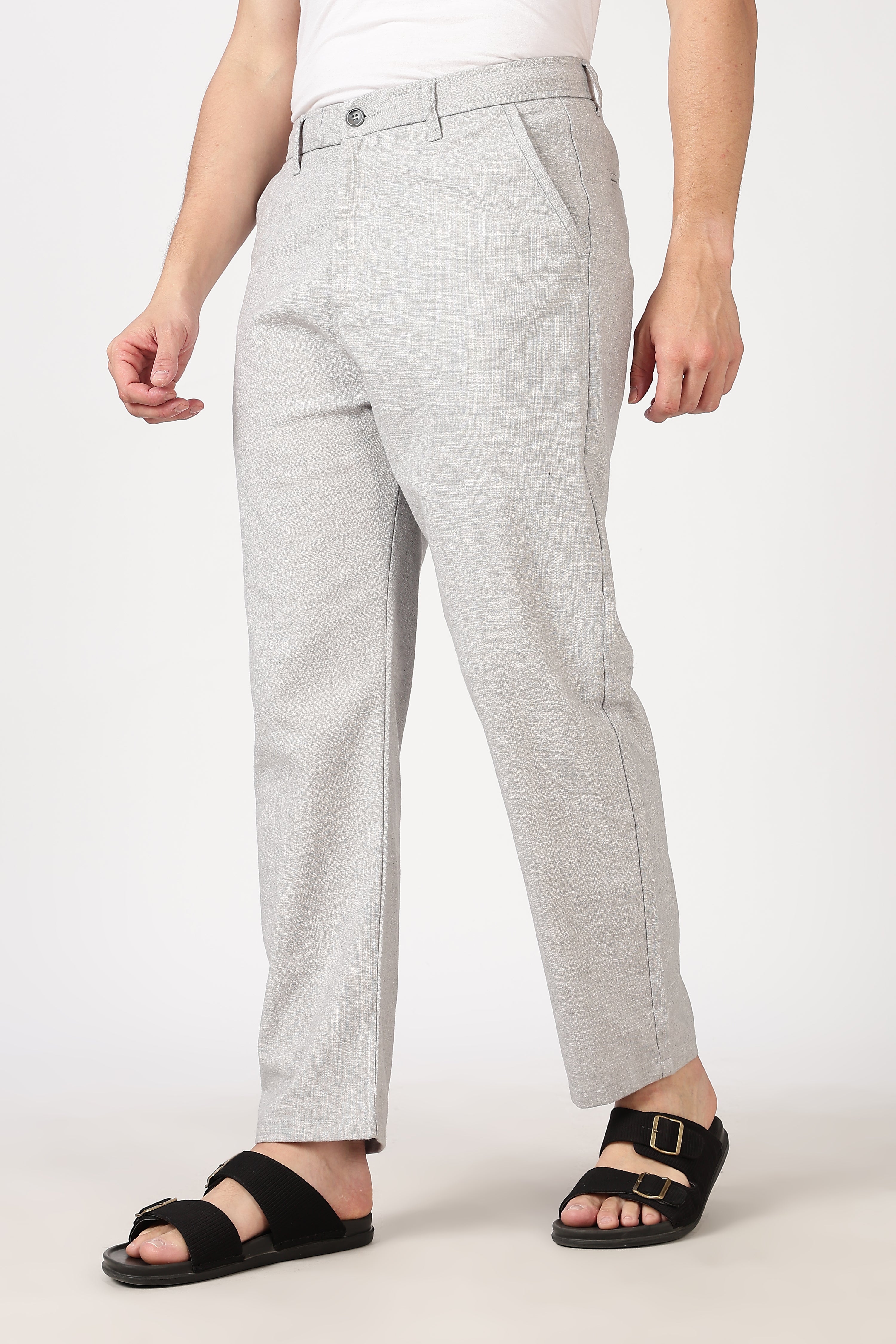 Linen-Style 100% Cotton Straight Fit Light Grey Textured Pant