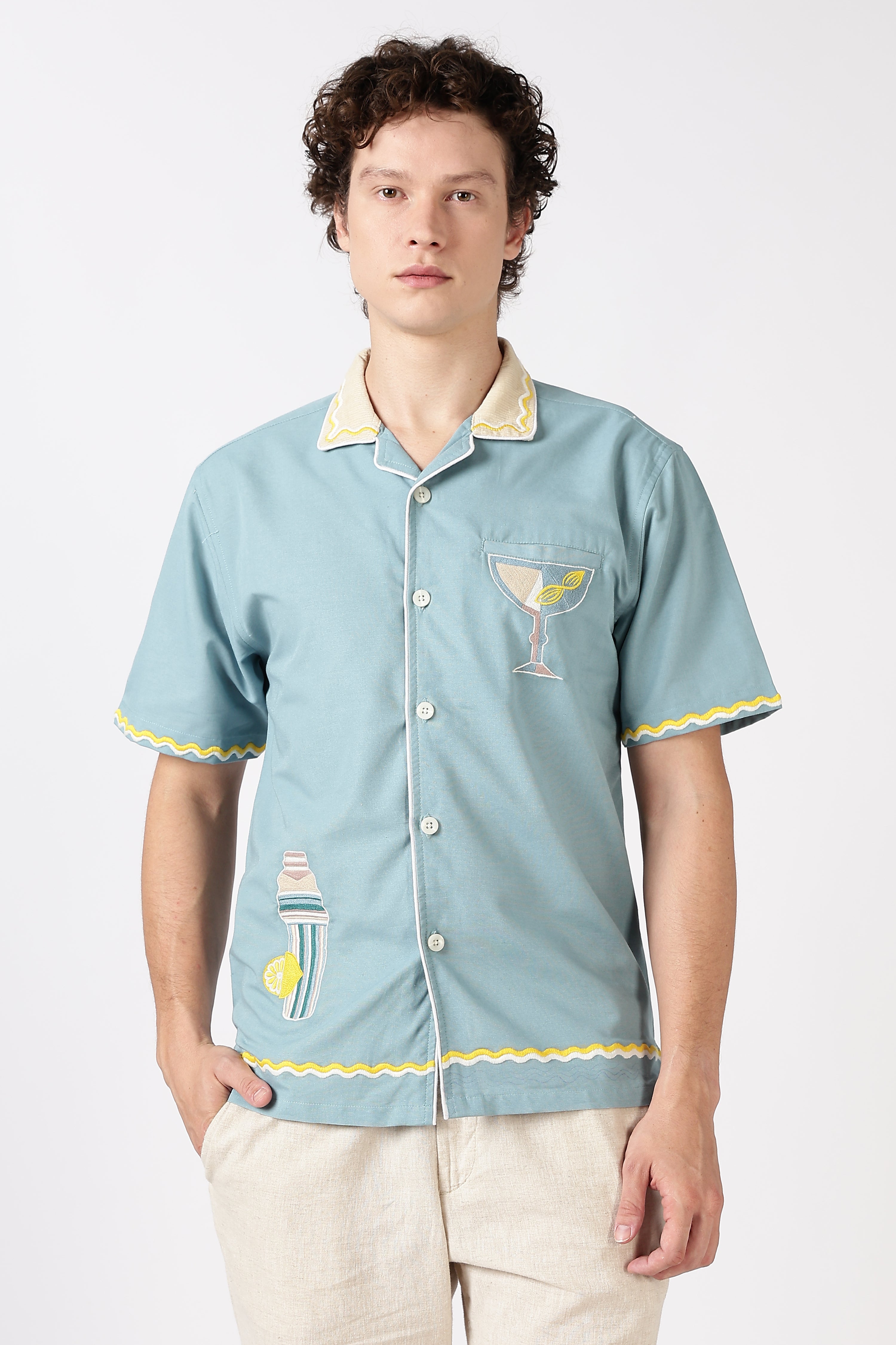 Party Perfect Mint Green Box Fit Sky Blue Embroidered Shirt