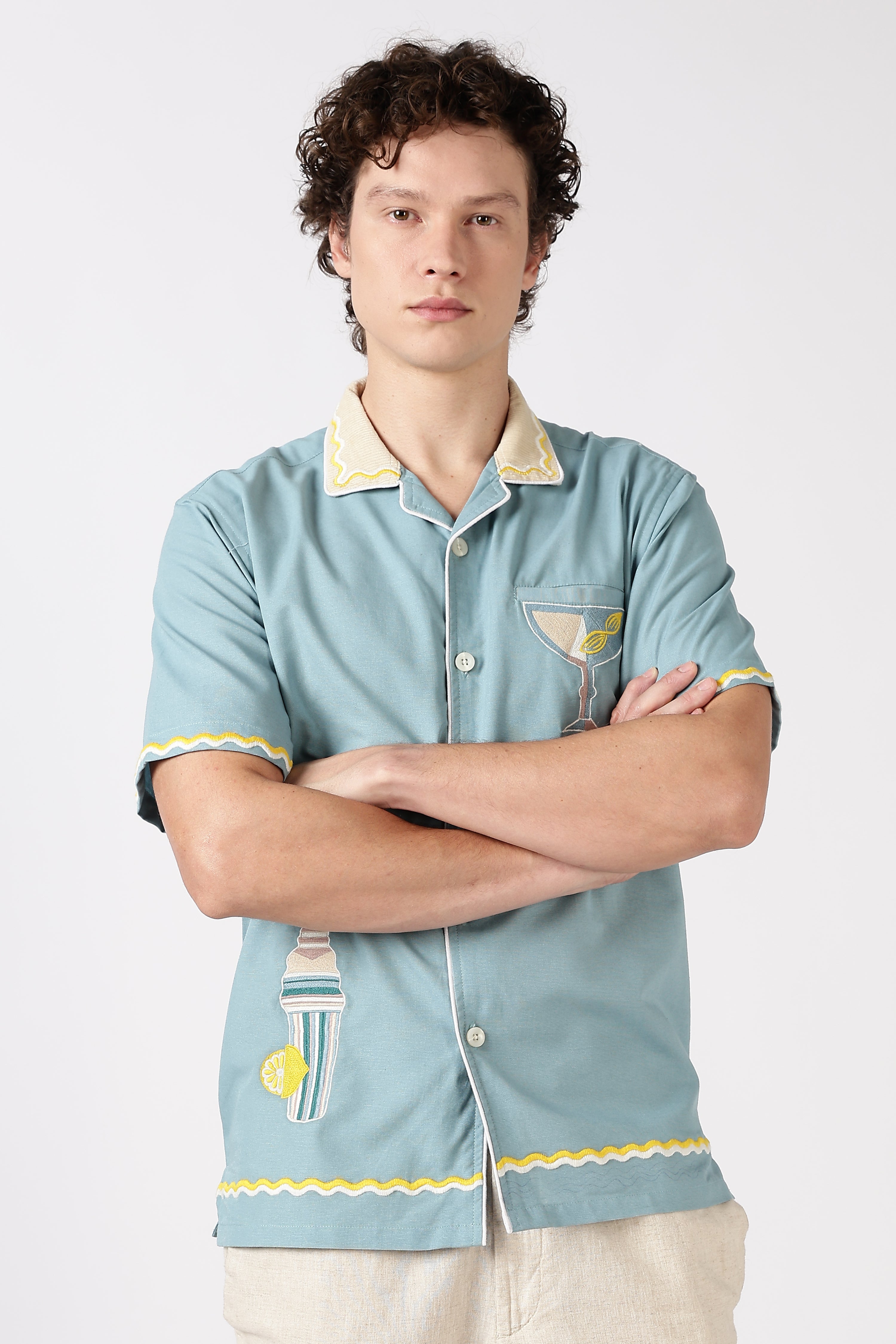 Party Perfect Mint Green Box Fit Sky Blue Embroidered Shirt