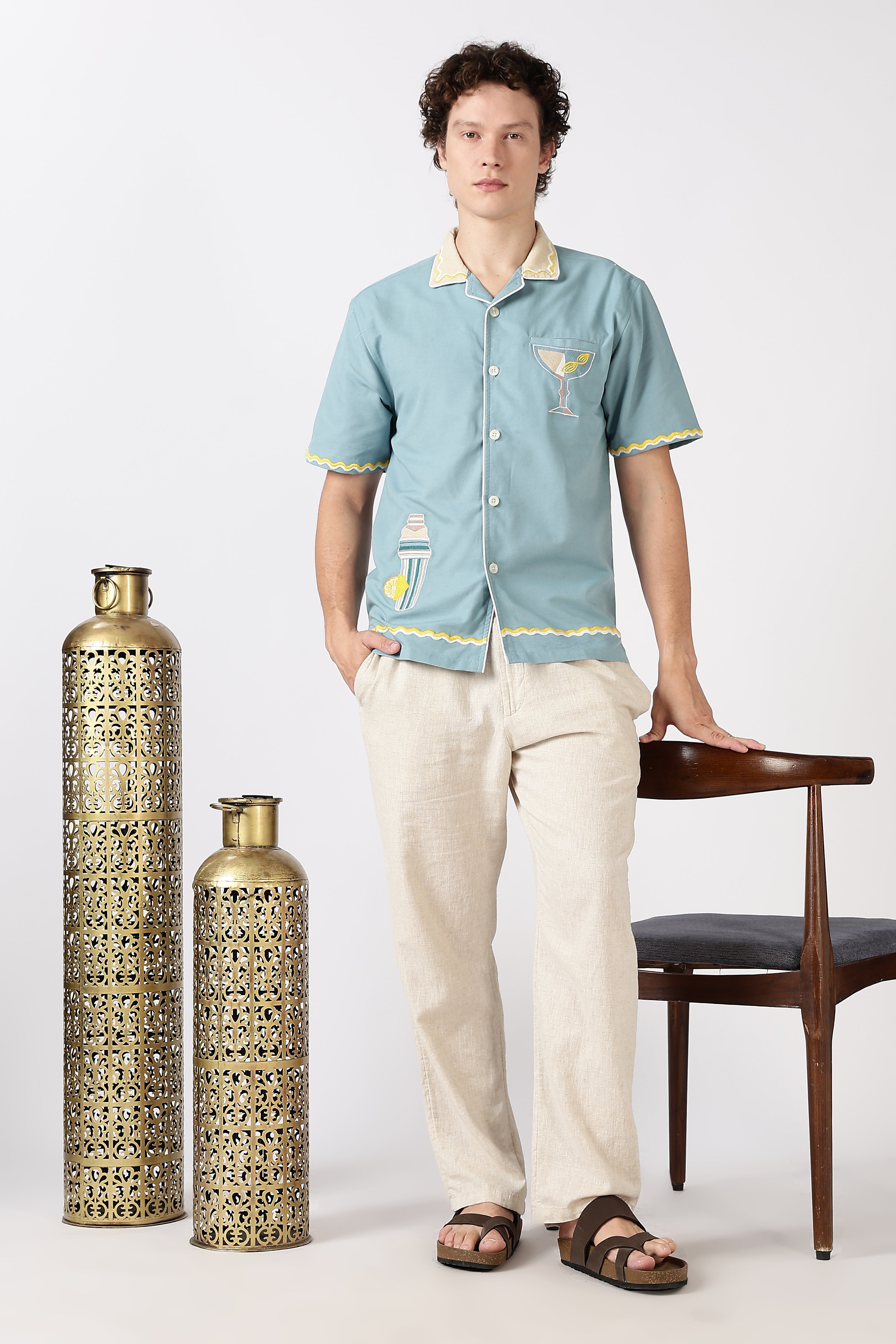 Party Perfect Mint Green Box Fit Sky Blue Embroidered Shirt