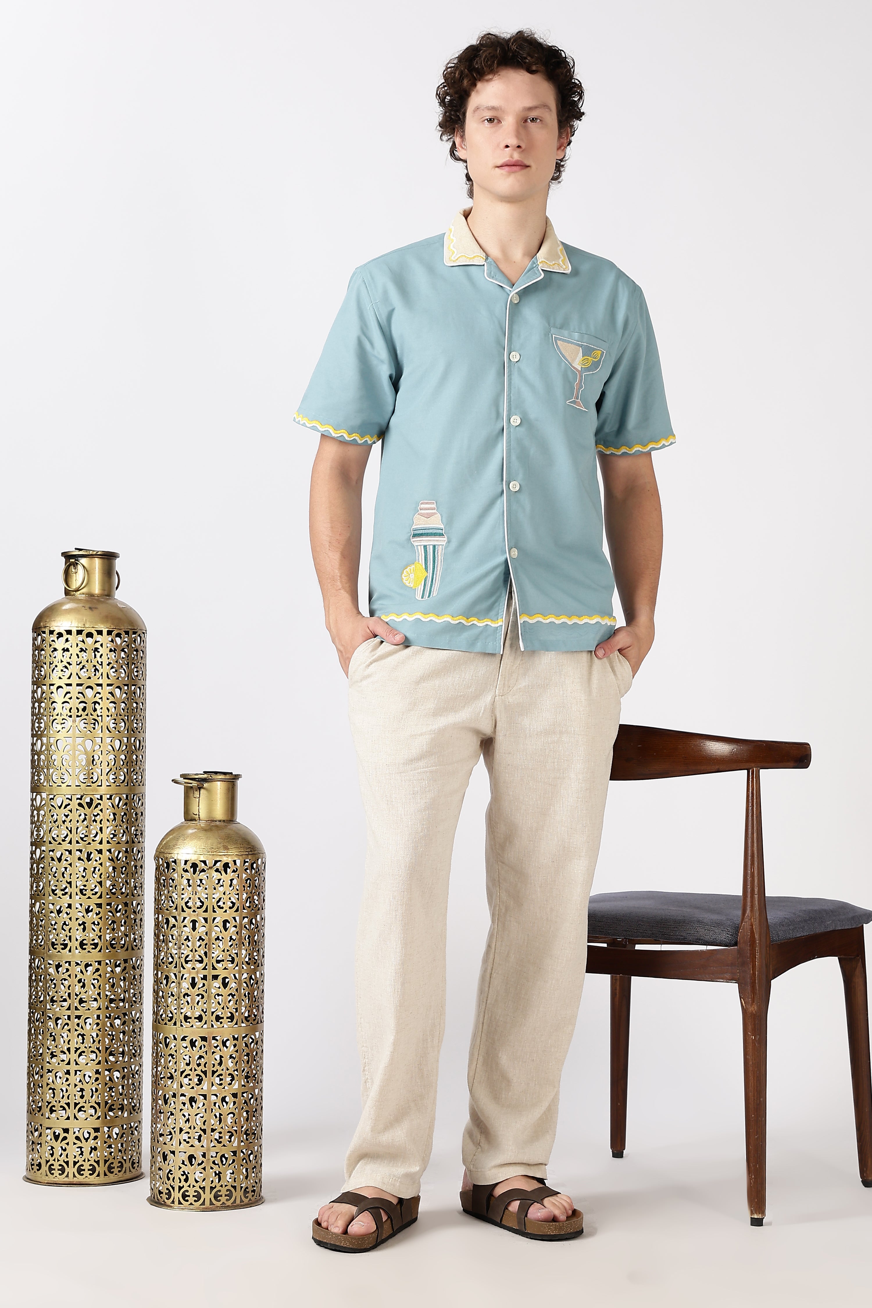 Party Perfect Mint Green Box Fit Sky Blue Embroidered Shirt