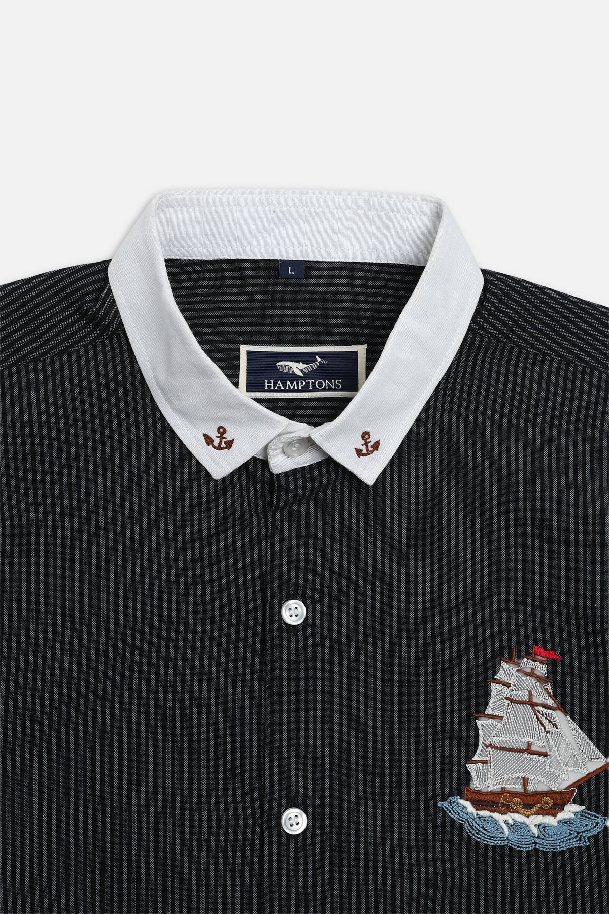 Ocean Voyage Cotton Regular Fit Pinstripe Black Embroidered Shirt