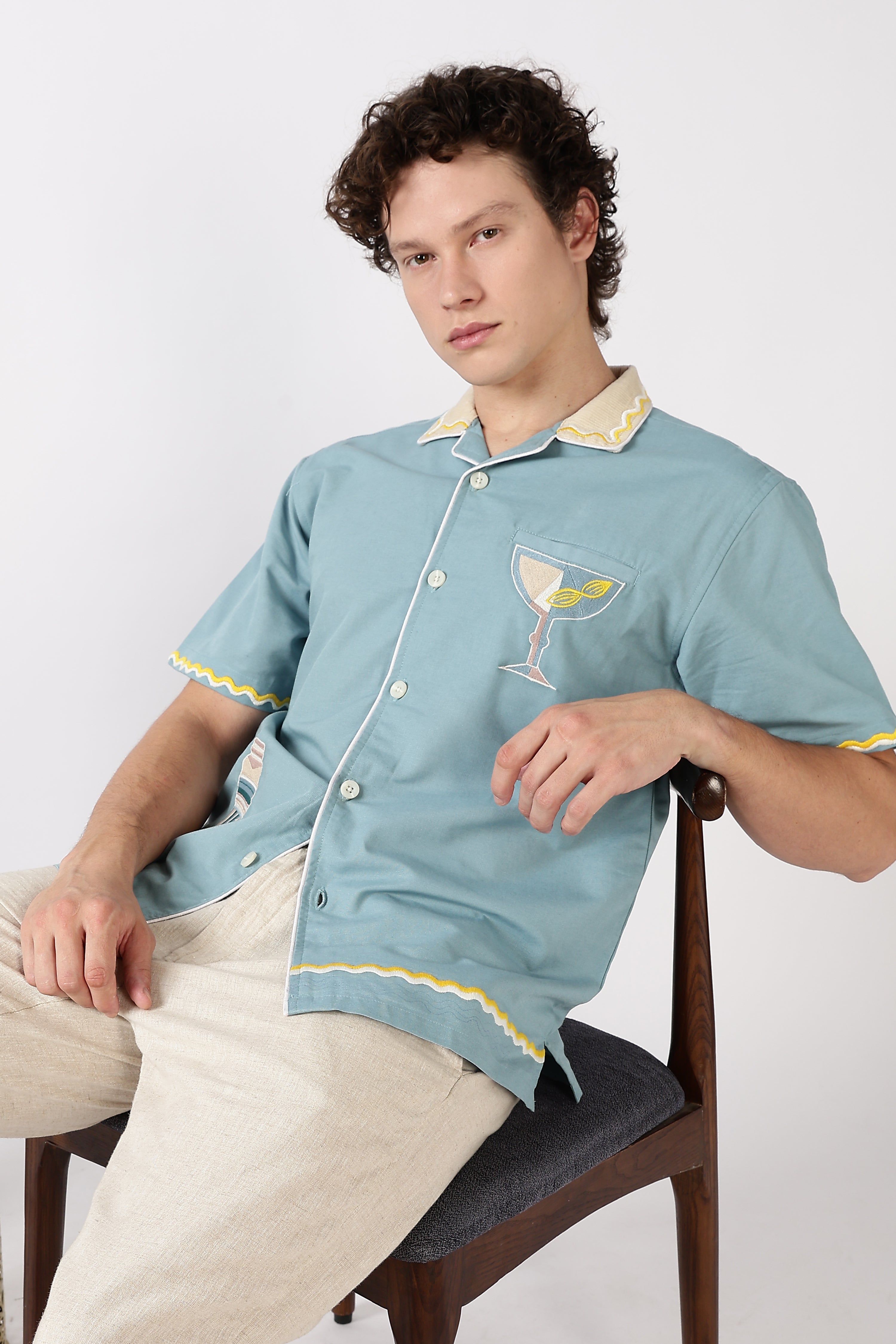 Party Perfect Mint Green Box Fit Sky Blue Embroidered Shirt