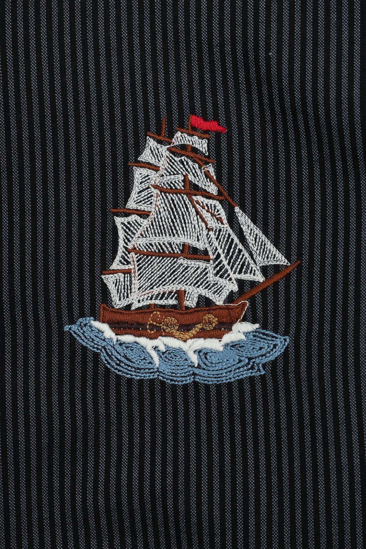 Ocean Voyage Cotton Regular Fit Pinstripe Black Embroidered Shirt