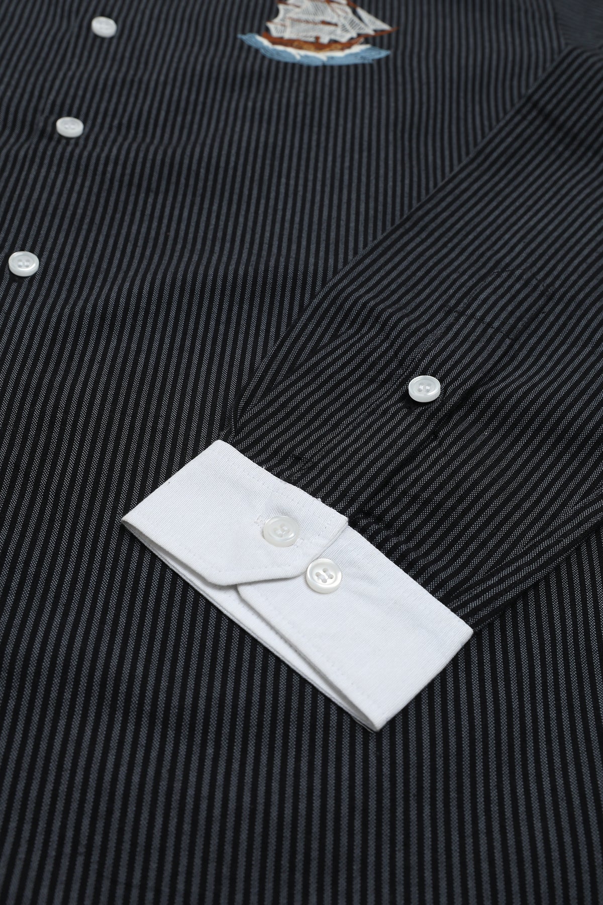 Ocean Voyage Cotton Regular Fit Pinstripe Black Embroidered Shirt