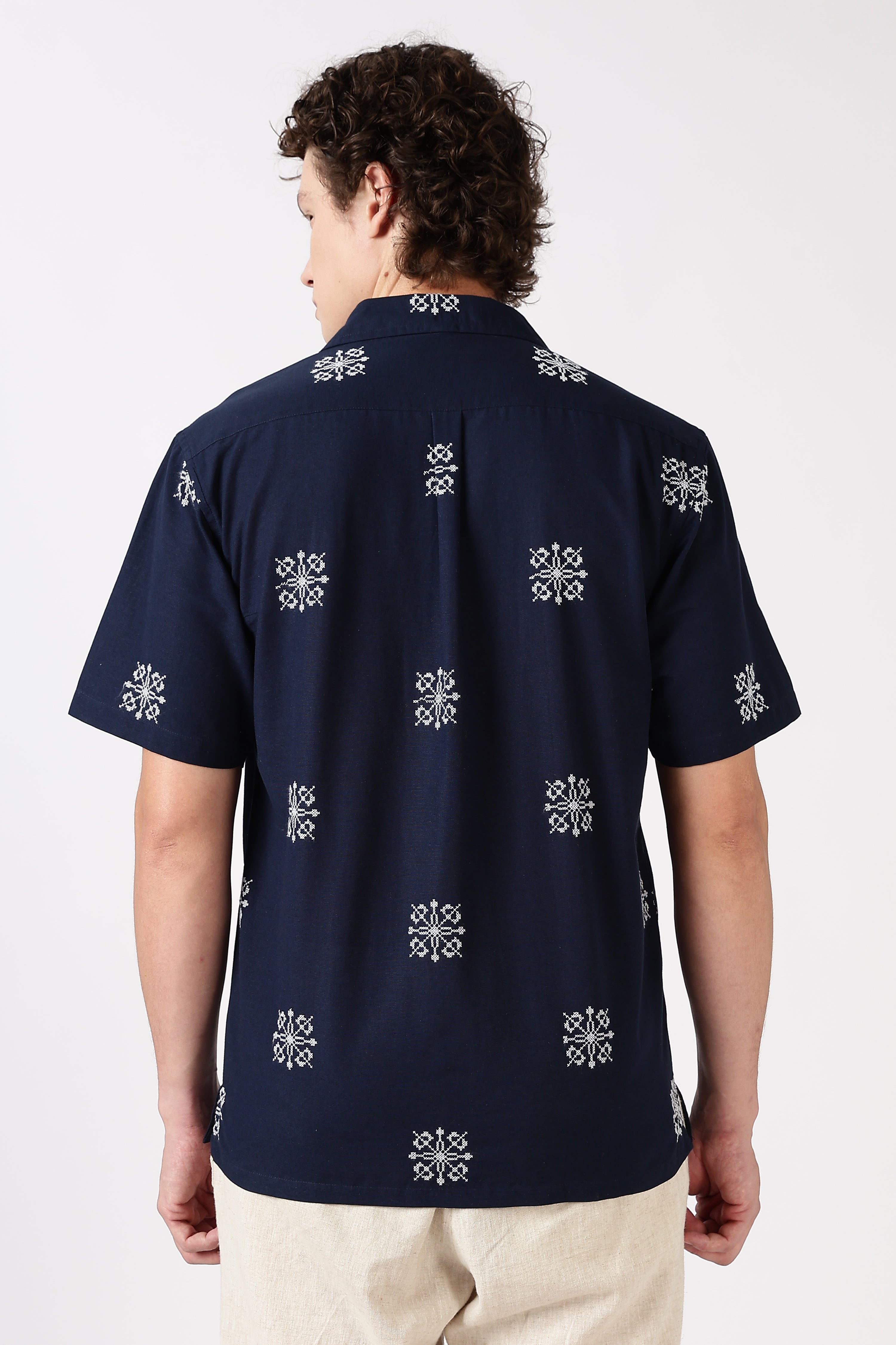 Midnight Crest Embroidered Cuban Collar Shirt