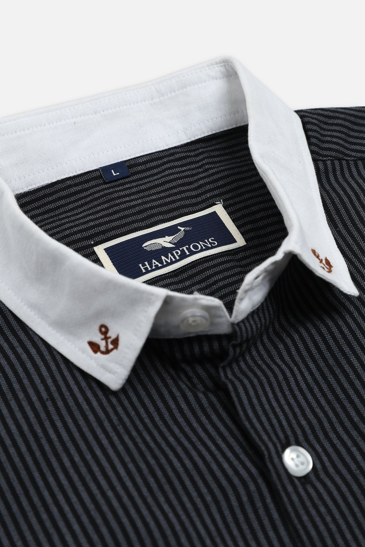Ocean Voyage Cotton Regular Fit Pinstripe Black Embroidered Shirt