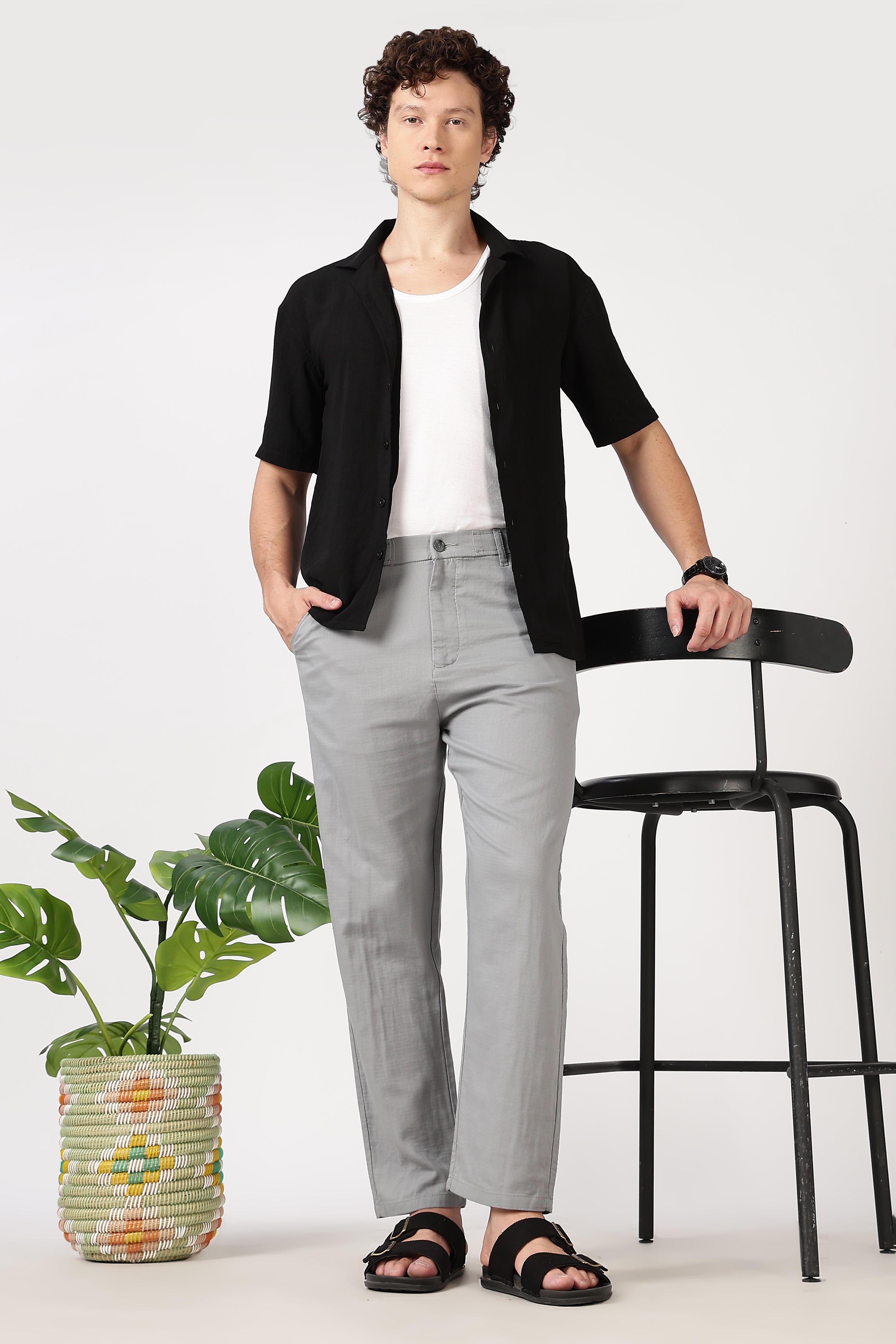 Linen-style 100% Cotton Straight Fit Grey Pant
