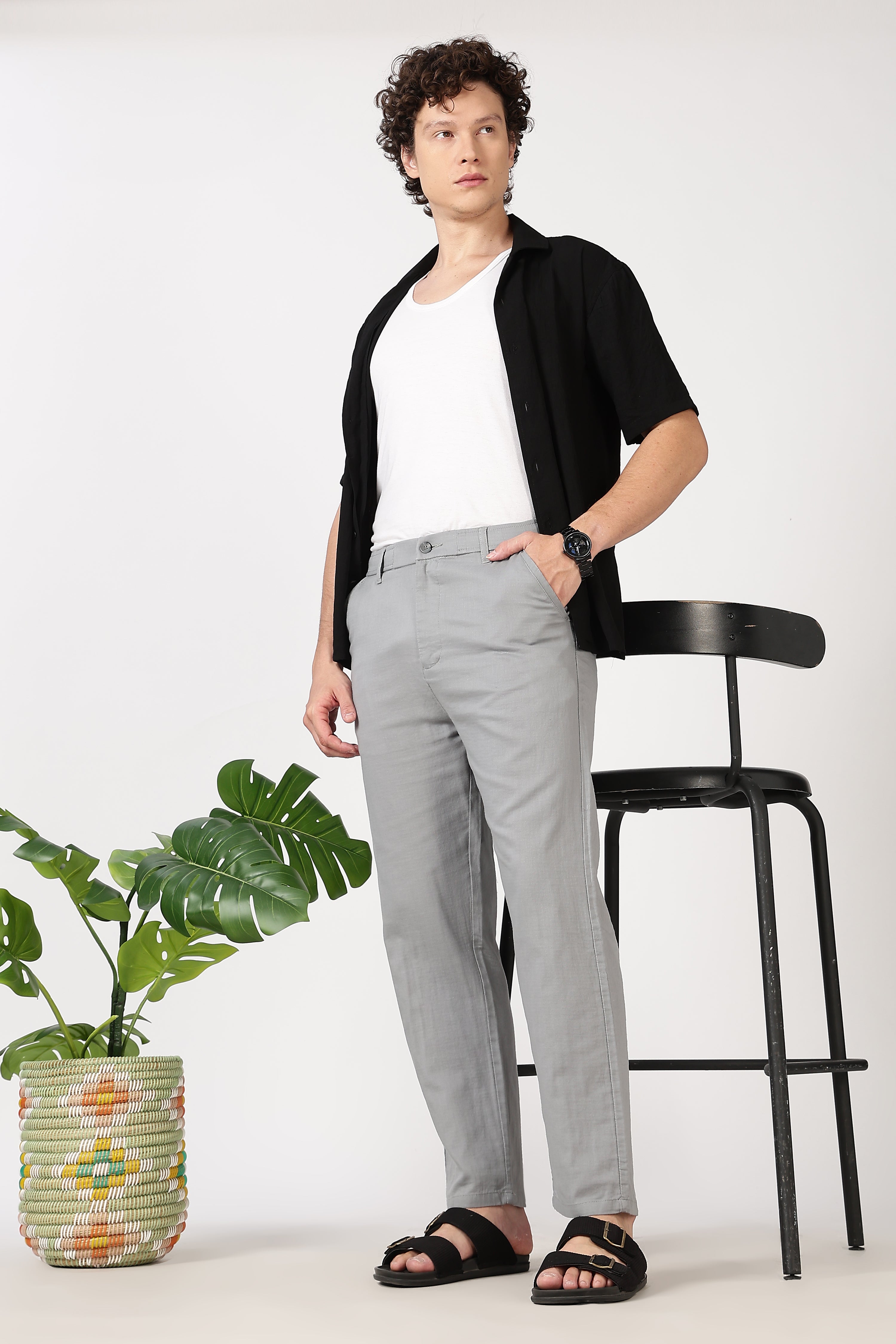 Linen-style 100% Cotton Straight Fit Grey Pant