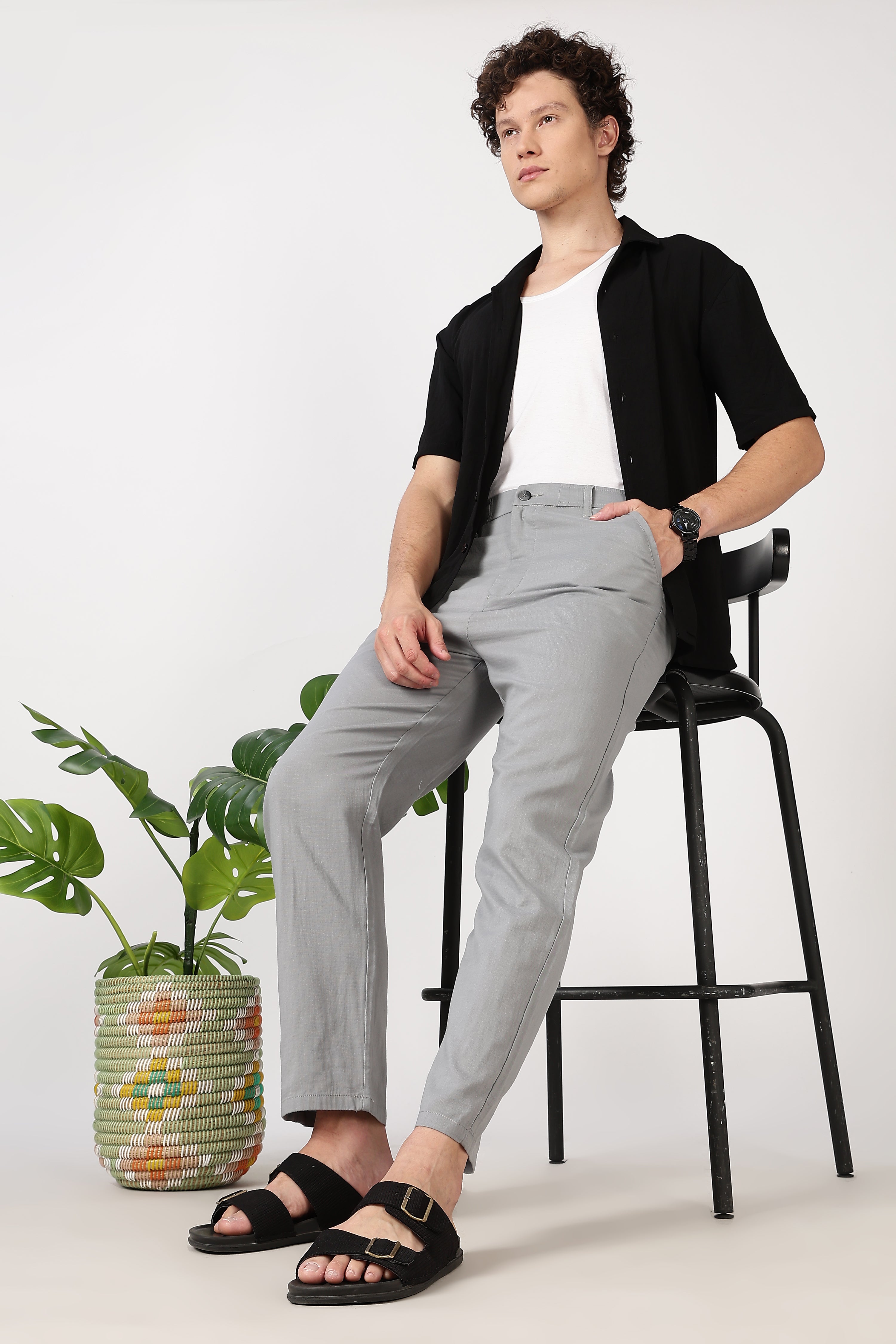 Linen-style 100% Cotton Straight Fit Grey Pant