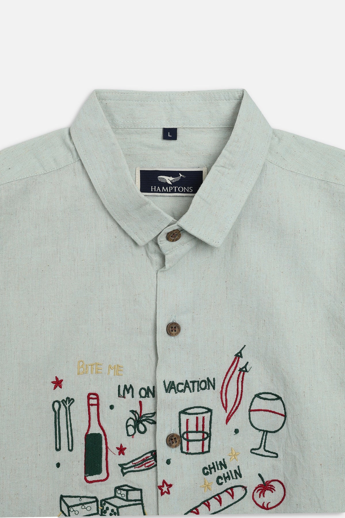 Playful Vacation Cotton Regular Fit Sage Green Embroidered Shirt