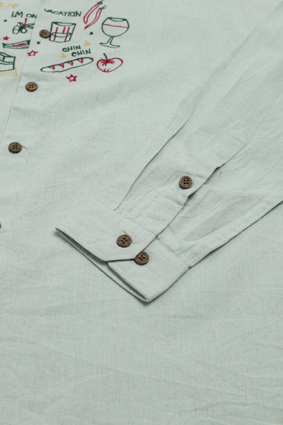 Playful Vacation Cotton Regular Fit Sage Green Embroidered Shirt