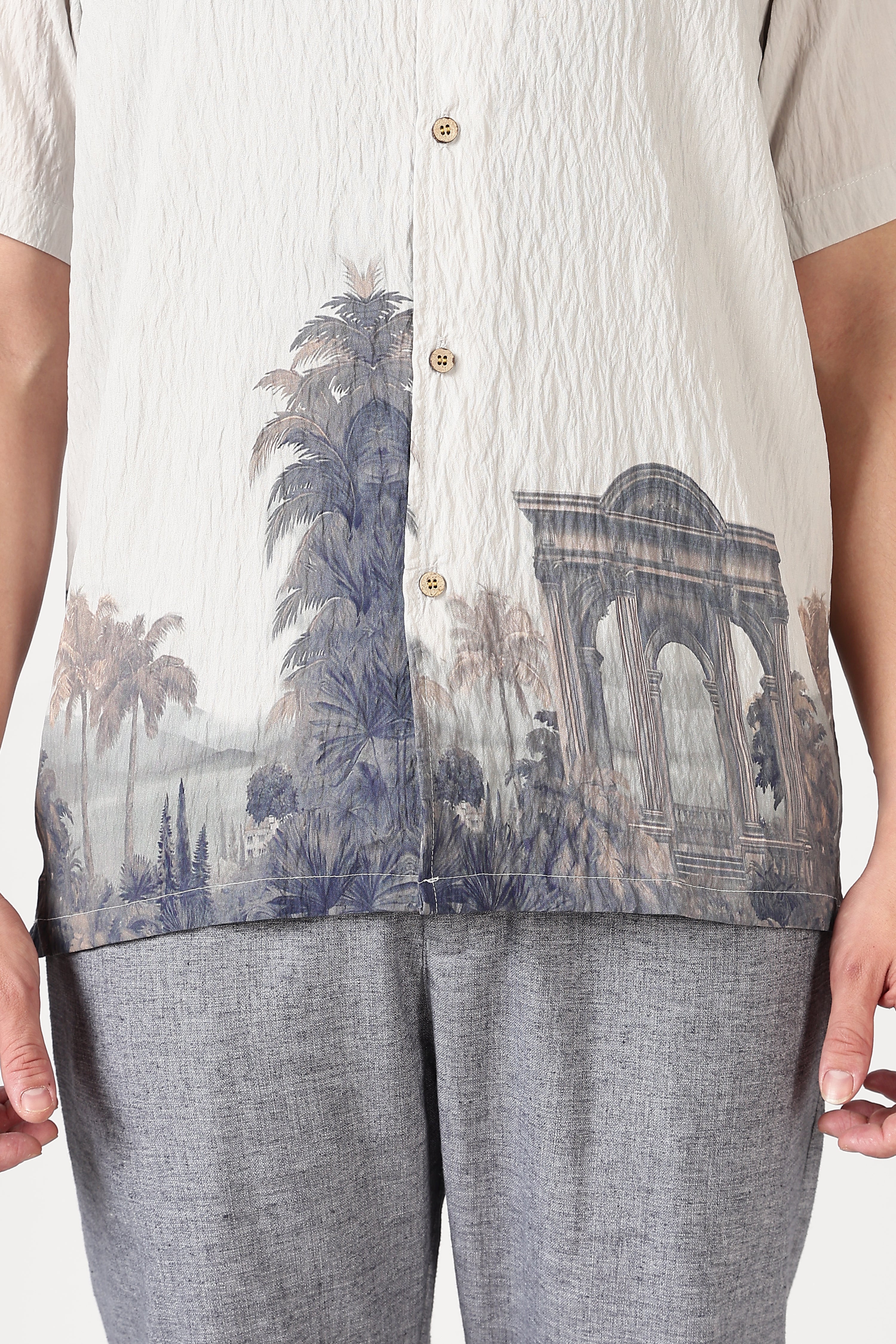 Ivory Crinkled Resort Scenic Printed Cuban Collar Shirt