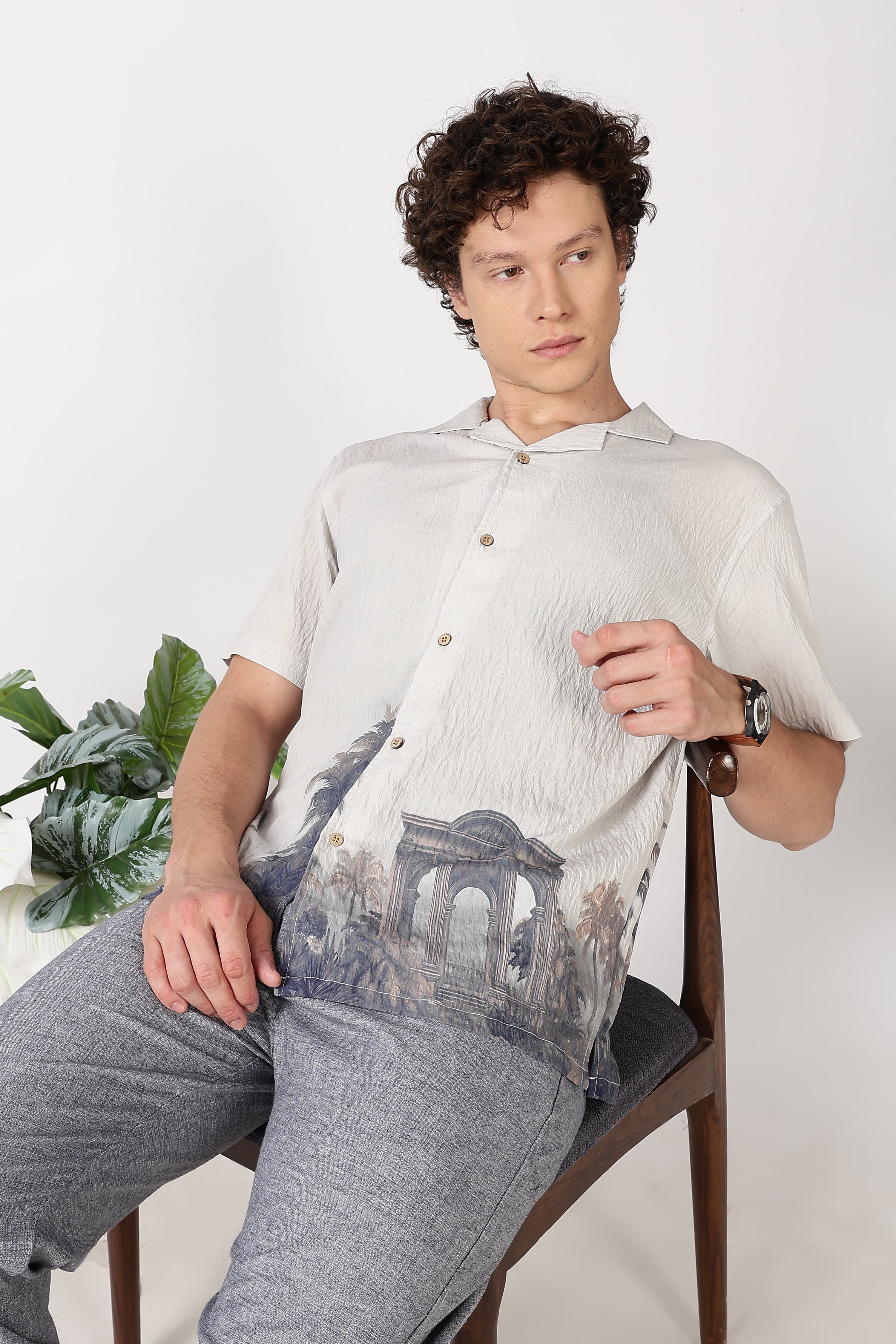 Ivory Crinkled Resort Scenic Printed Cuban Collar Shirt