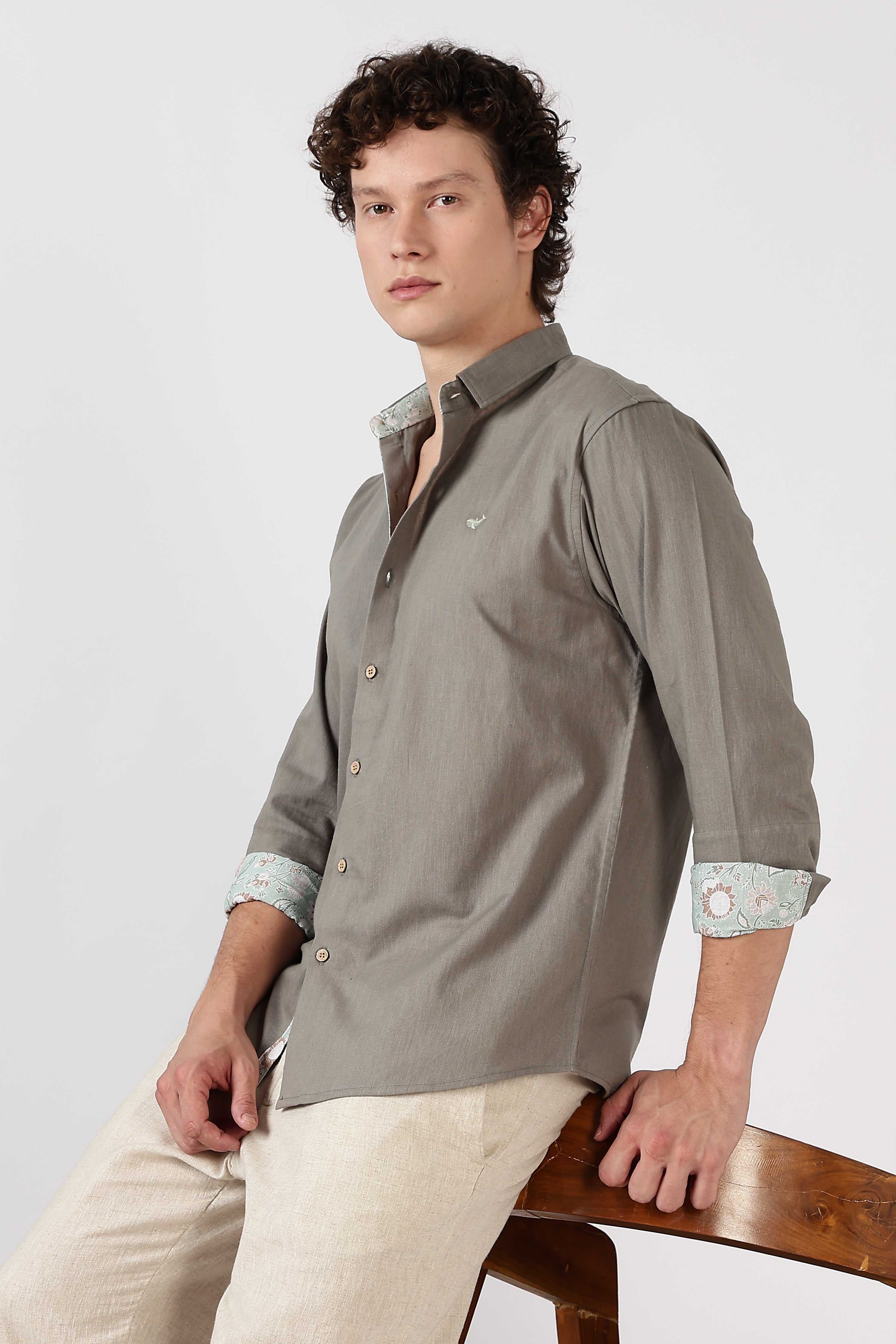 Fine Count Cotton Regular Fit Grey Embroidered Shirt