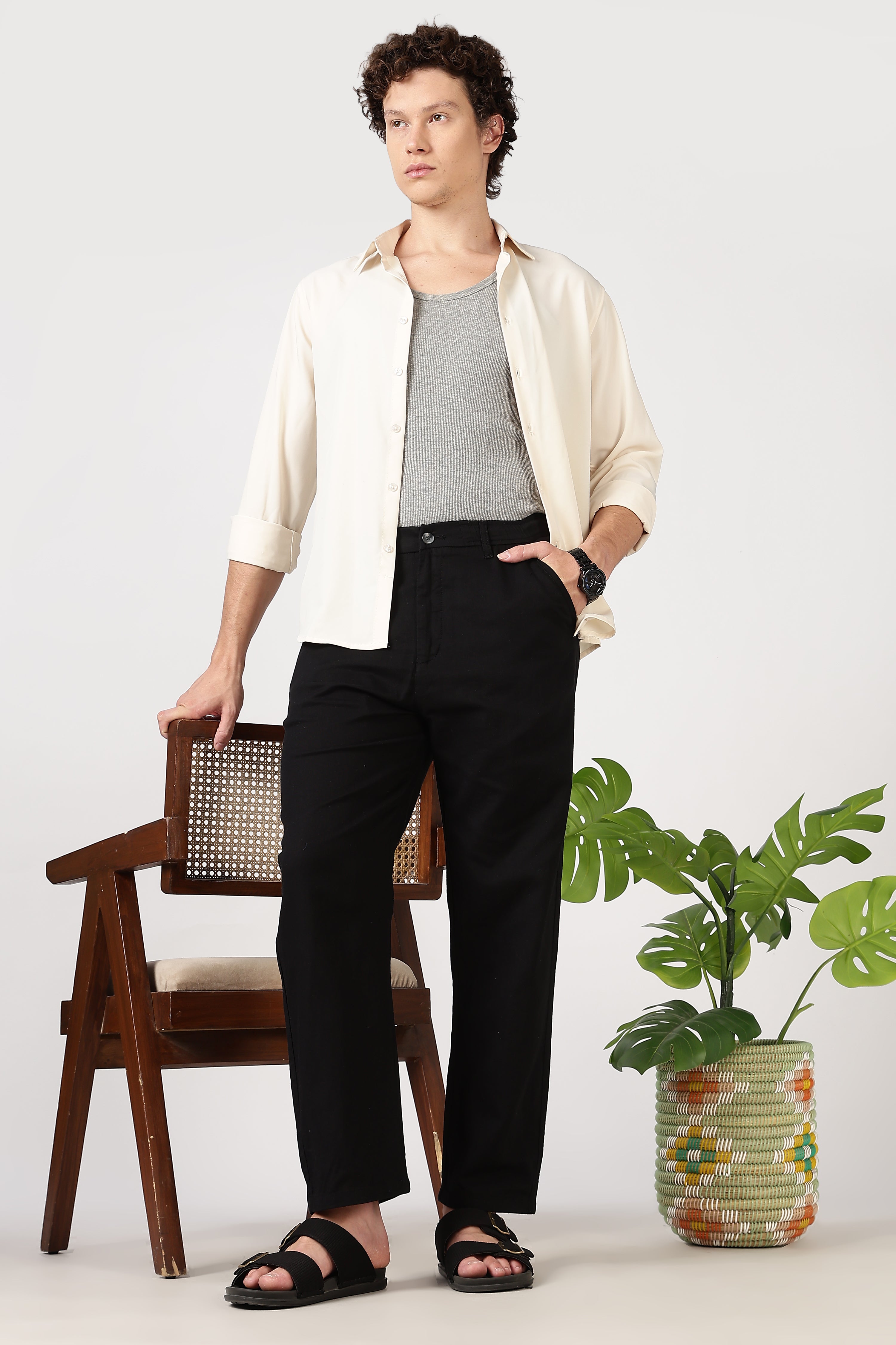 Linen-style 100% Cotton Straight Fit Black Pant