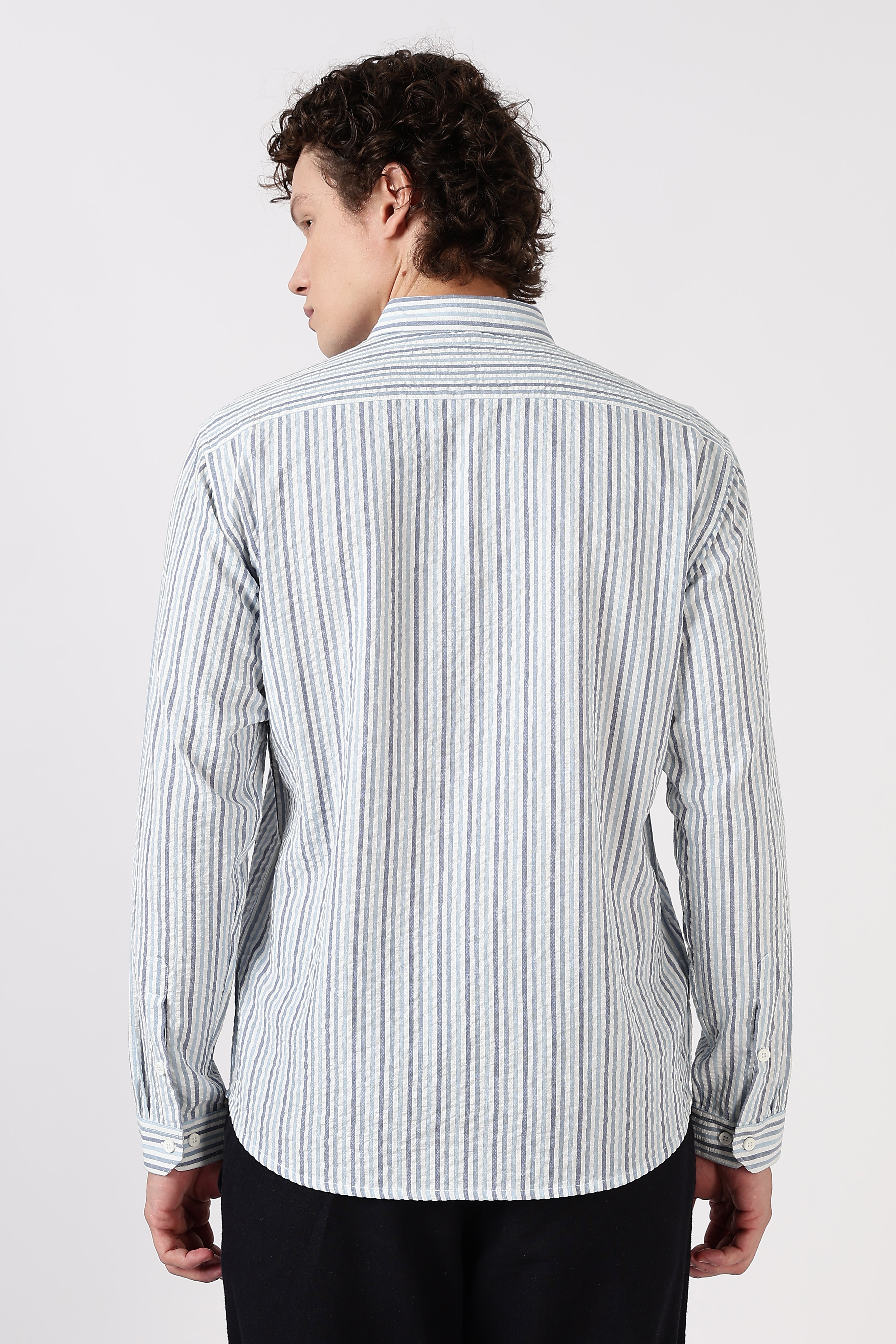 Playful Peek Cotton Regular Fit Blue Striped Embroidered Shirt