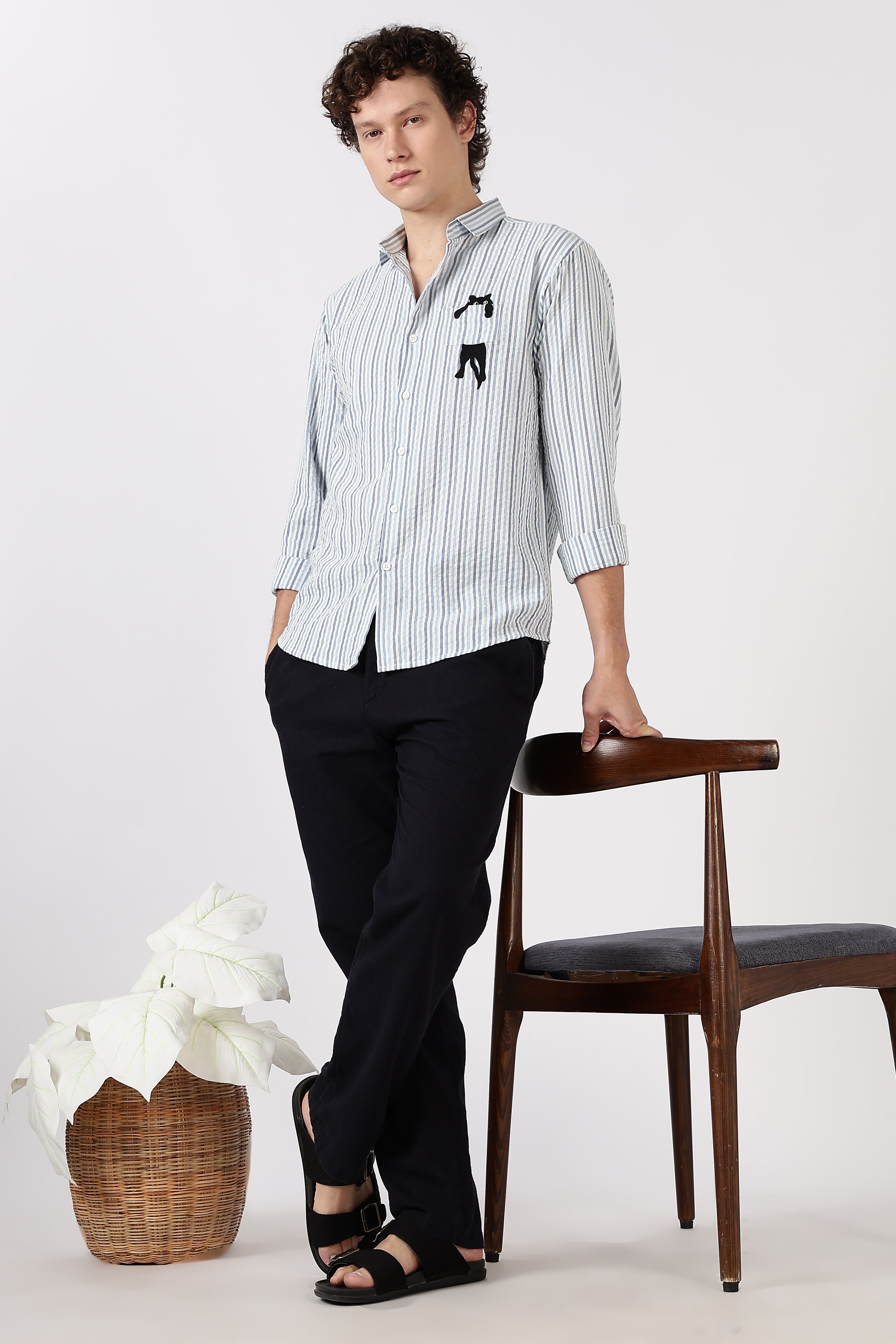 Playful Peek Cotton Regular Fit Blue Striped Embroidered Shirt