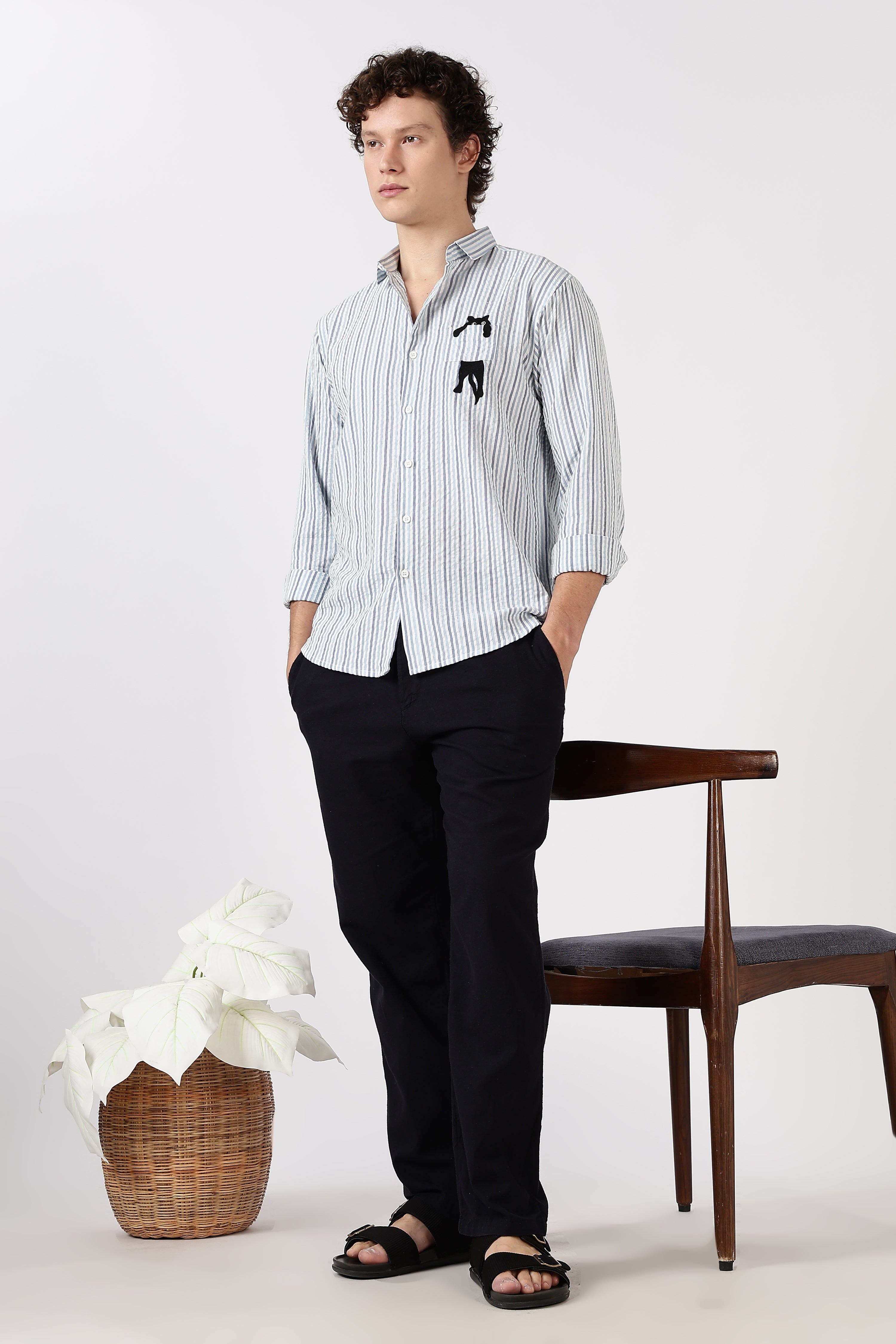 Playful Peek Cotton Regular Fit Blue Striped Embroidered Shirt