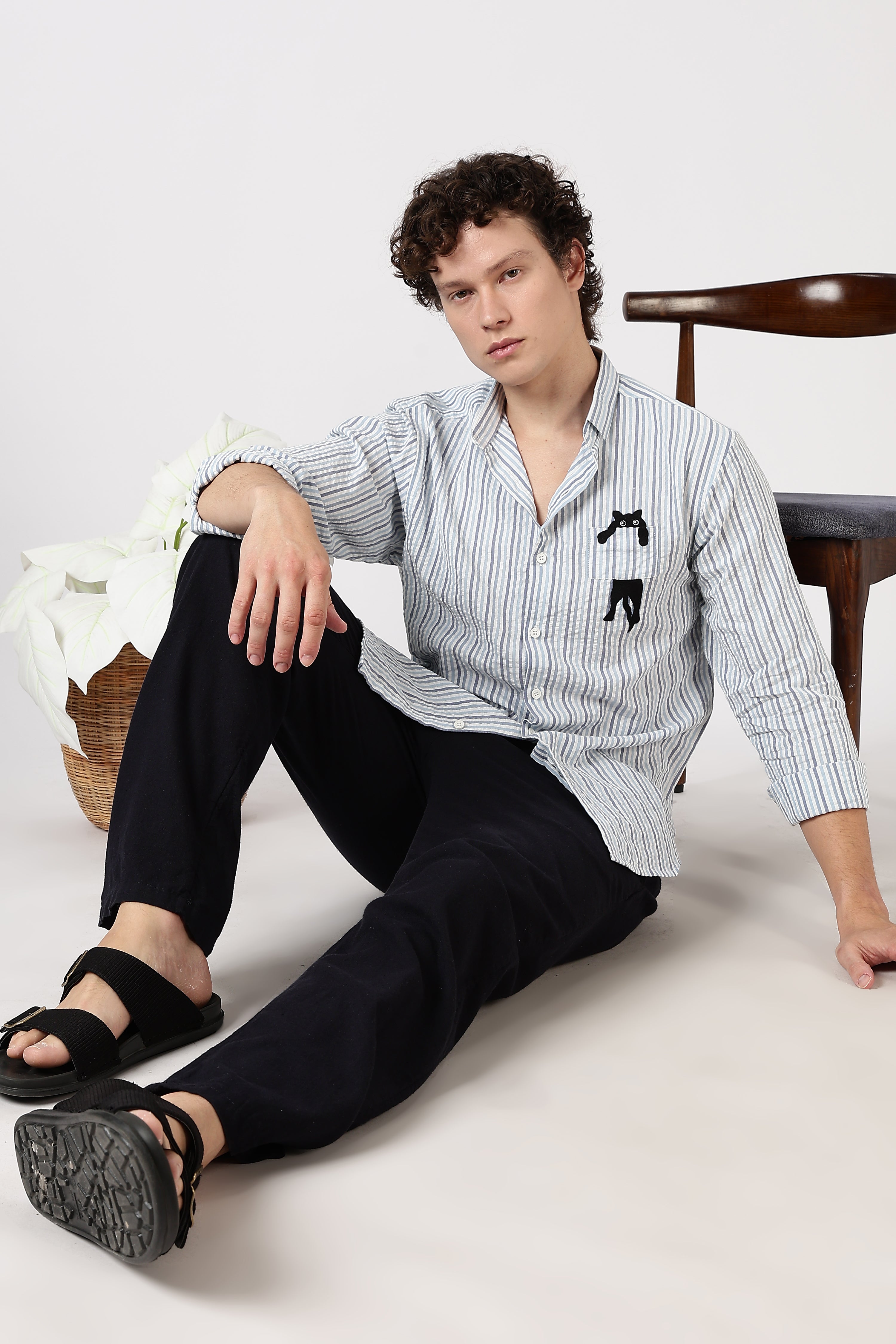 Playful Peek Cotton Regular Fit Blue Striped Embroidered Shirt