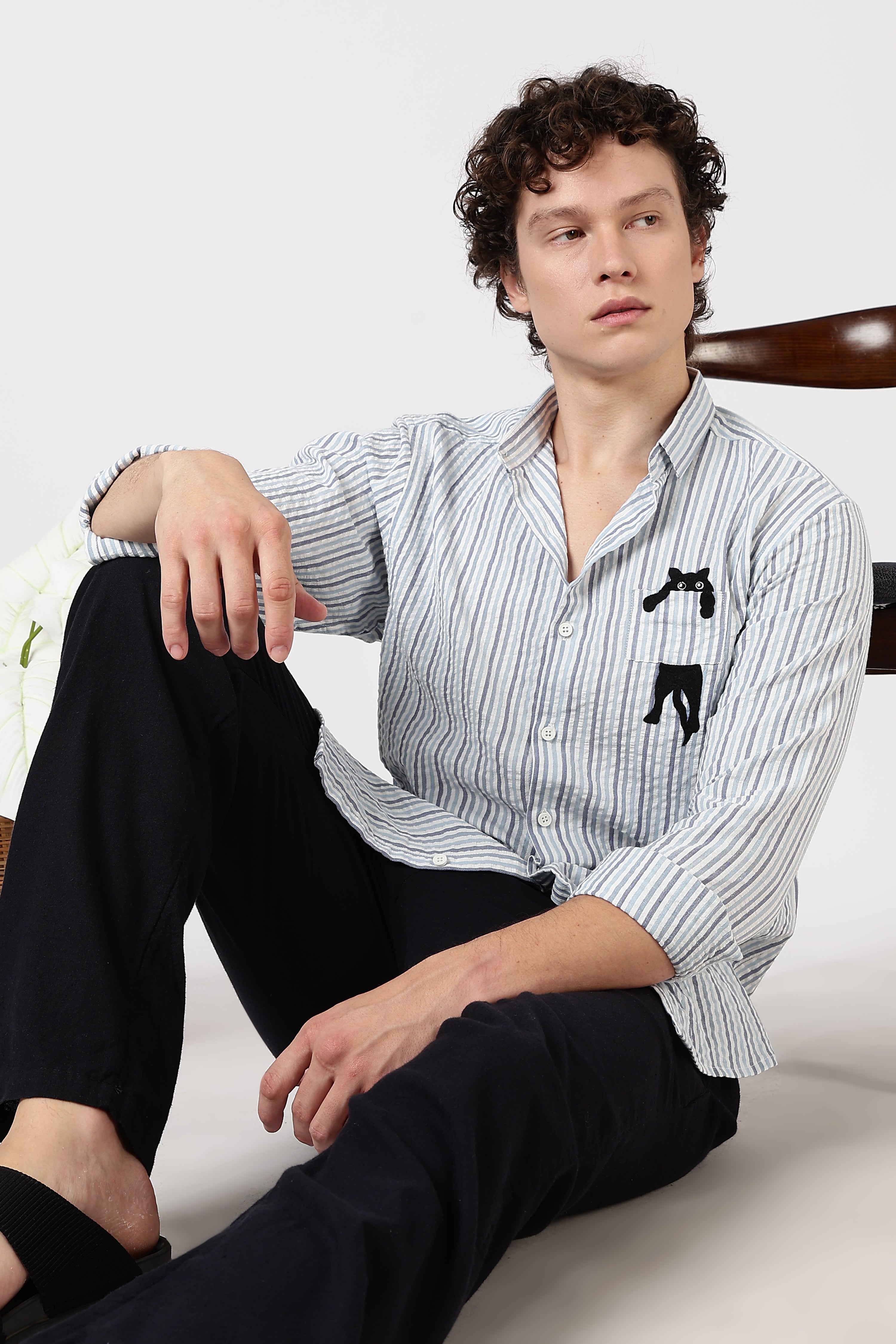 Playful Peek Cotton Regular Fit Blue Striped Embroidered Shirt