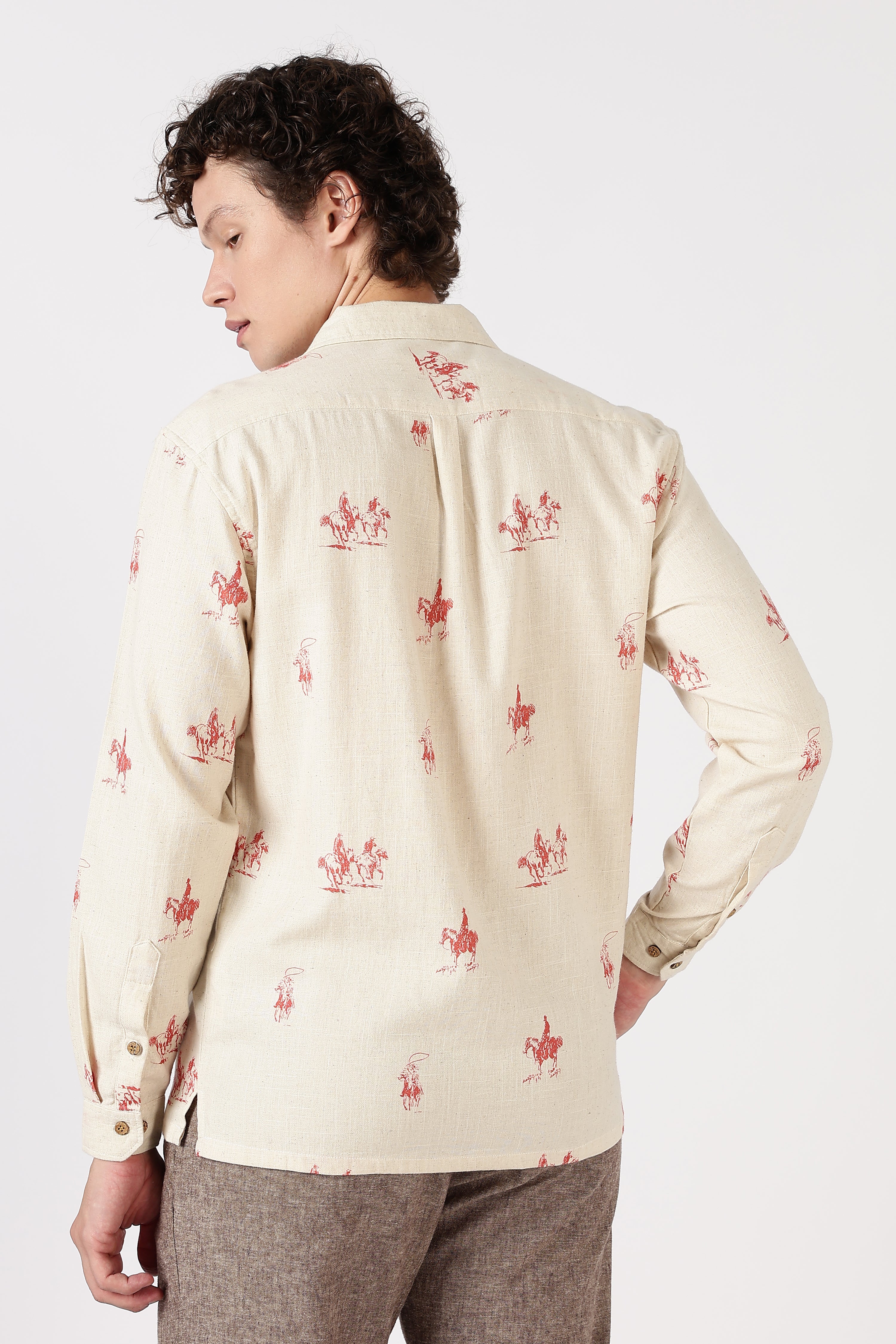 Desert Riders Cotton Box Fit Beige Printed Shirt