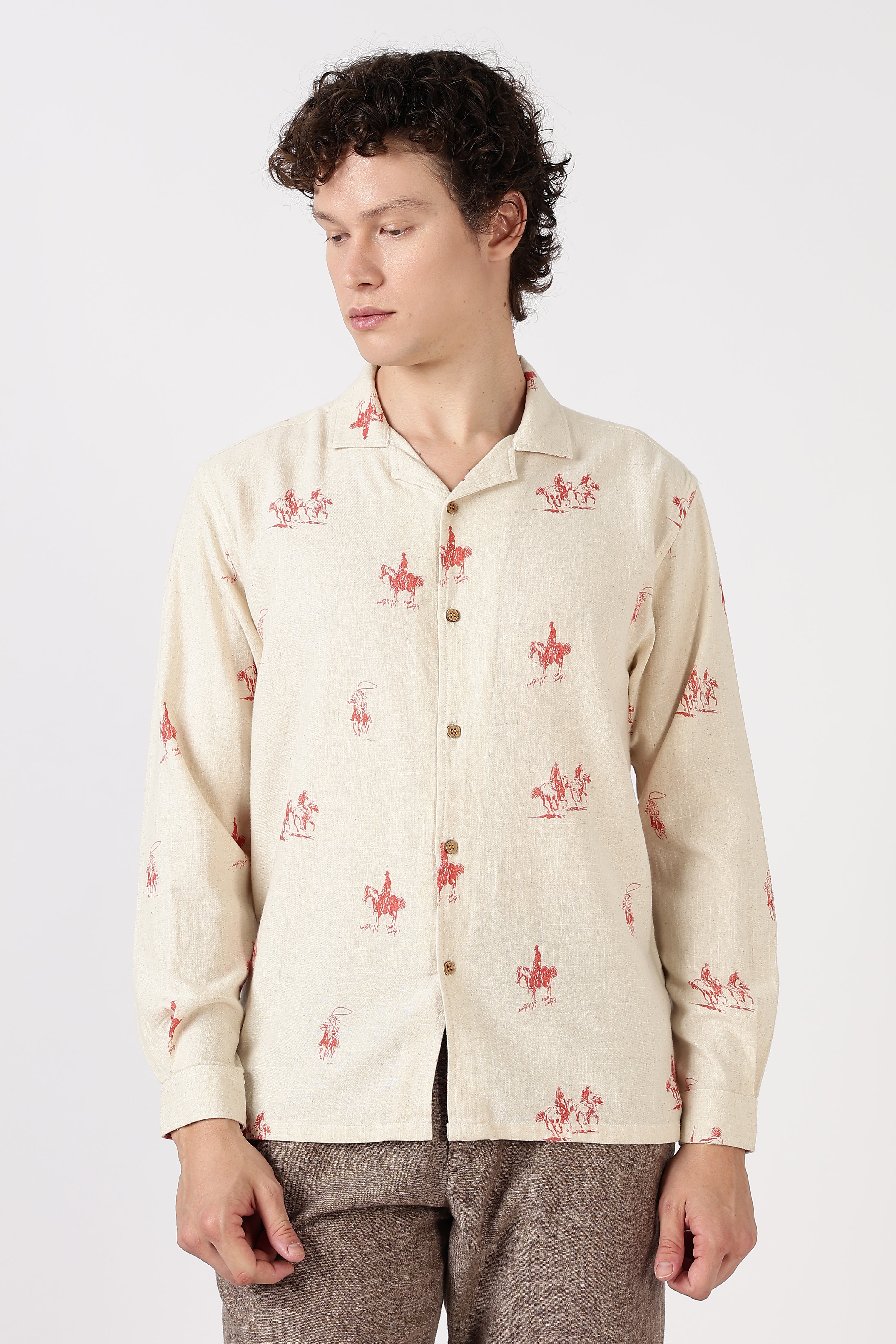 Desert Riders Cotton Box Fit Beige Printed Shirt