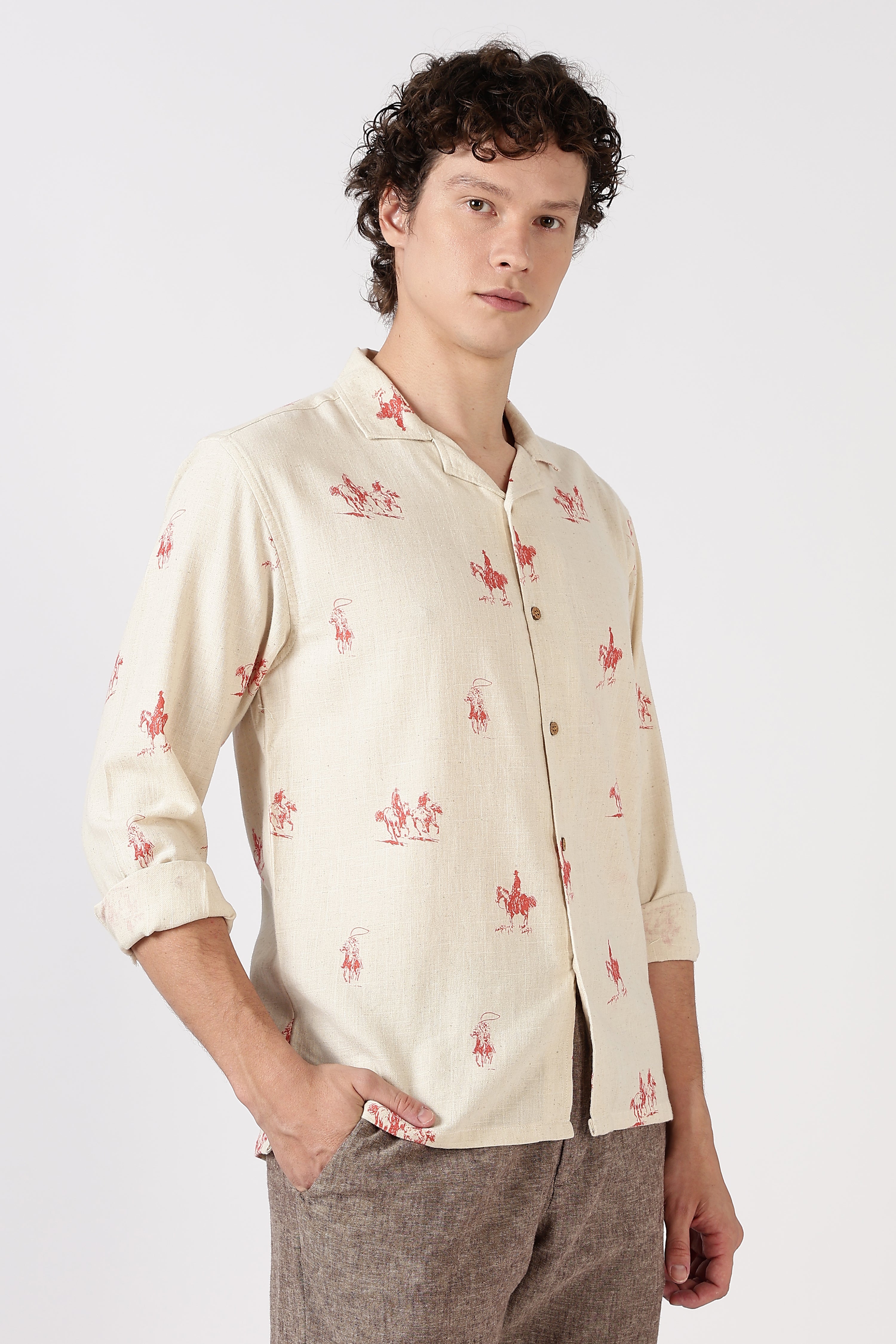 Desert Riders Cotton Box Fit Beige Printed Shirt