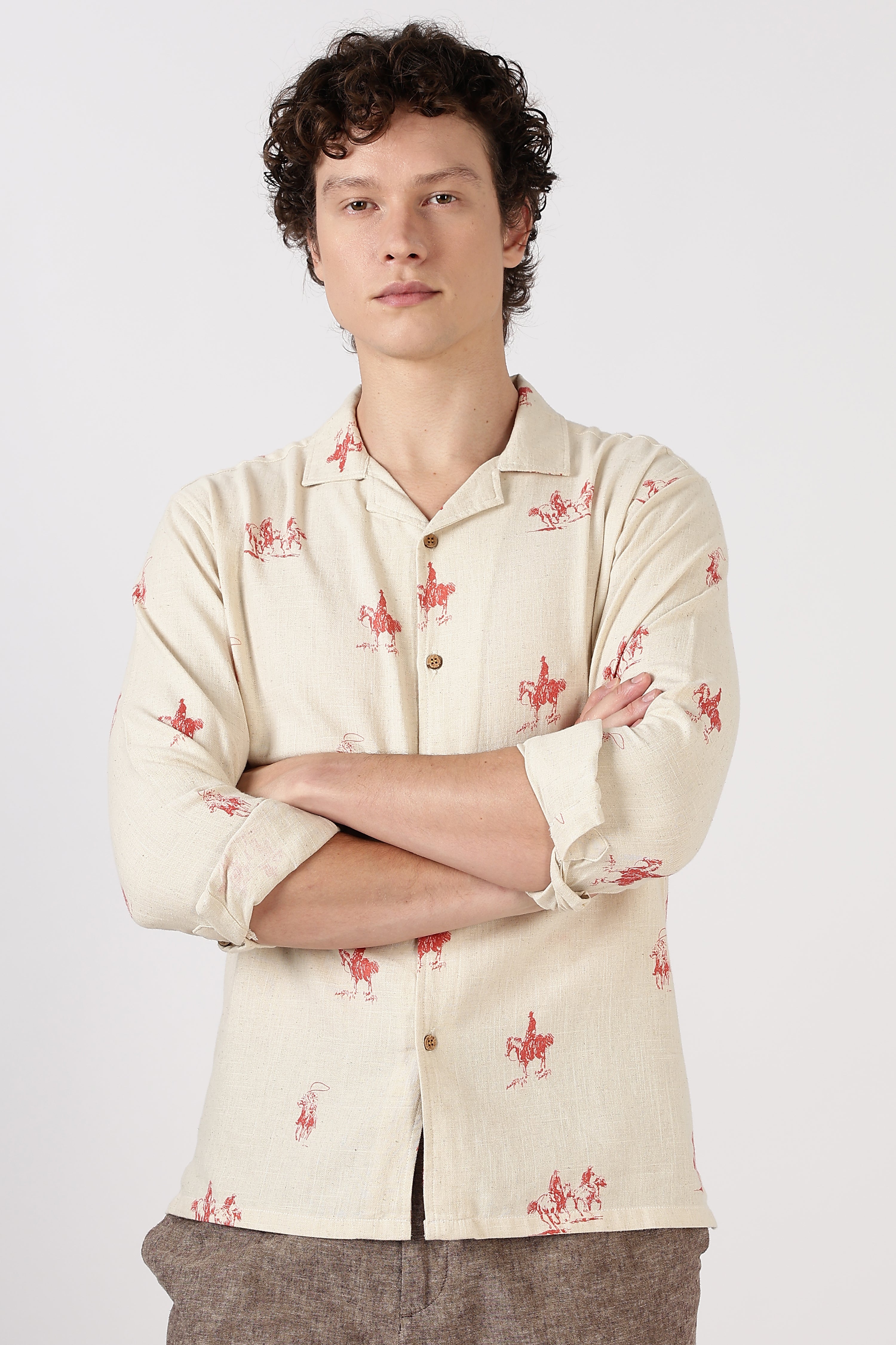 Desert Riders Cotton Box Fit Beige Printed Shirt