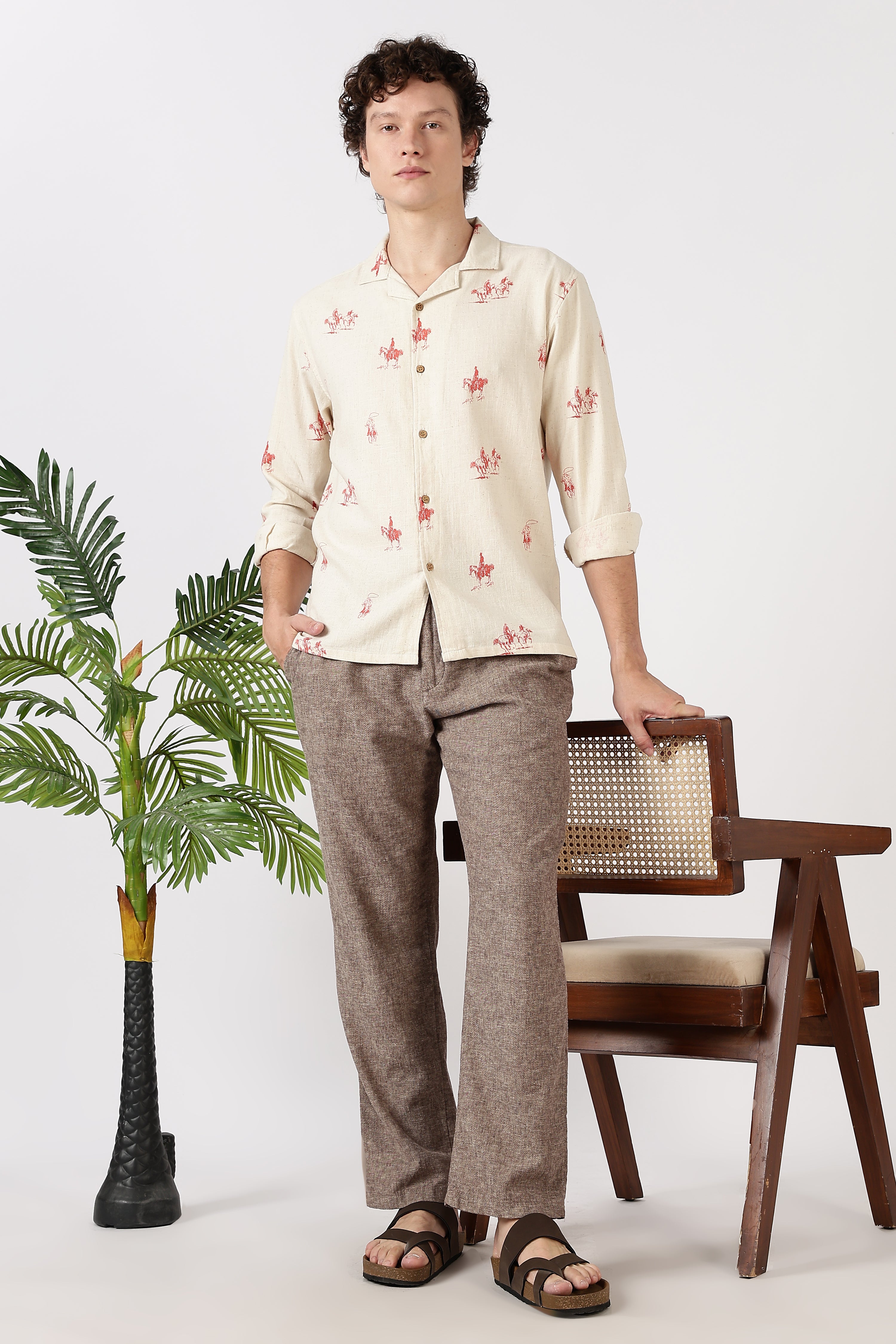 Desert Riders Cotton Box Fit Beige Printed Shirt