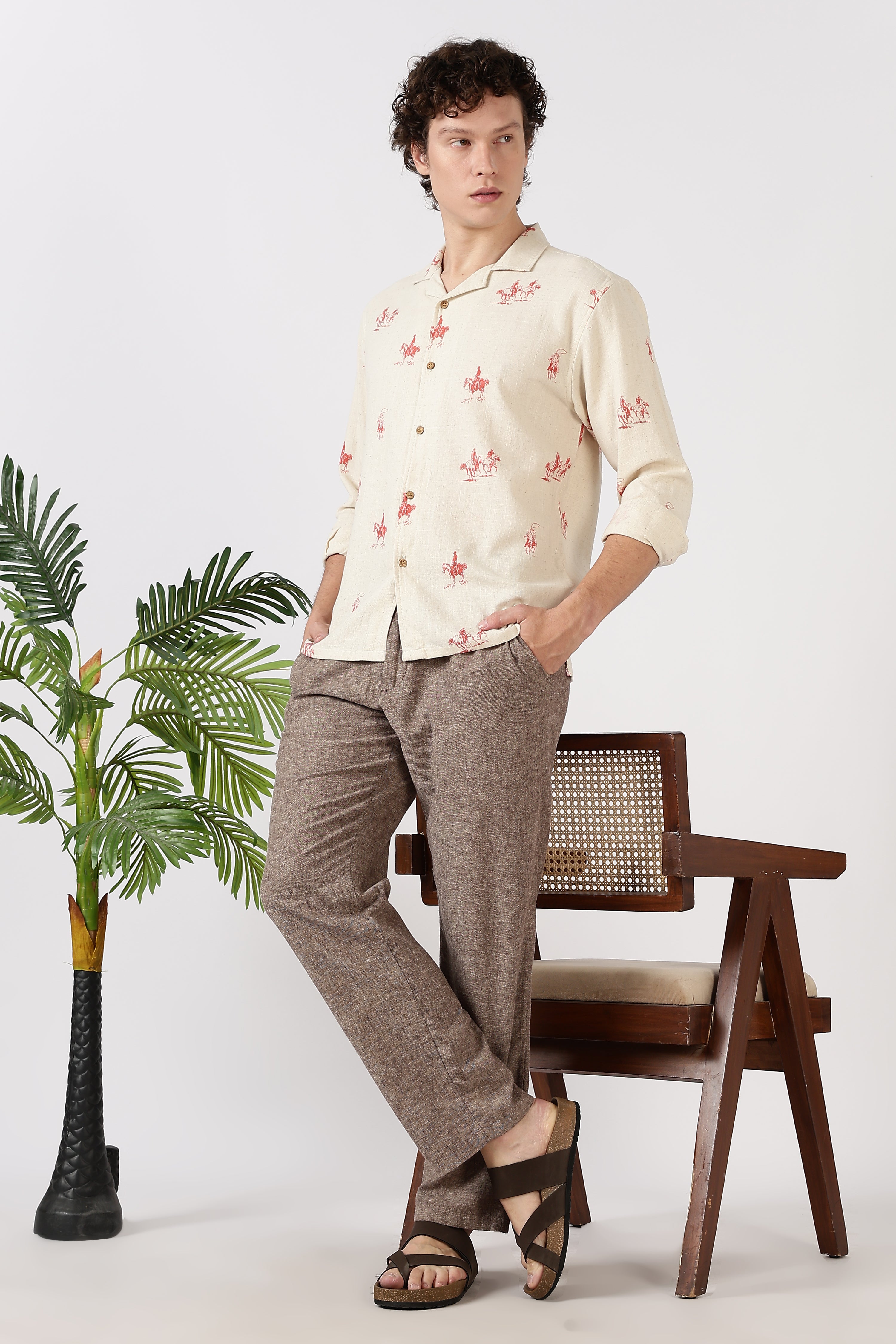 Desert Riders Cotton Box Fit Beige Printed Shirt