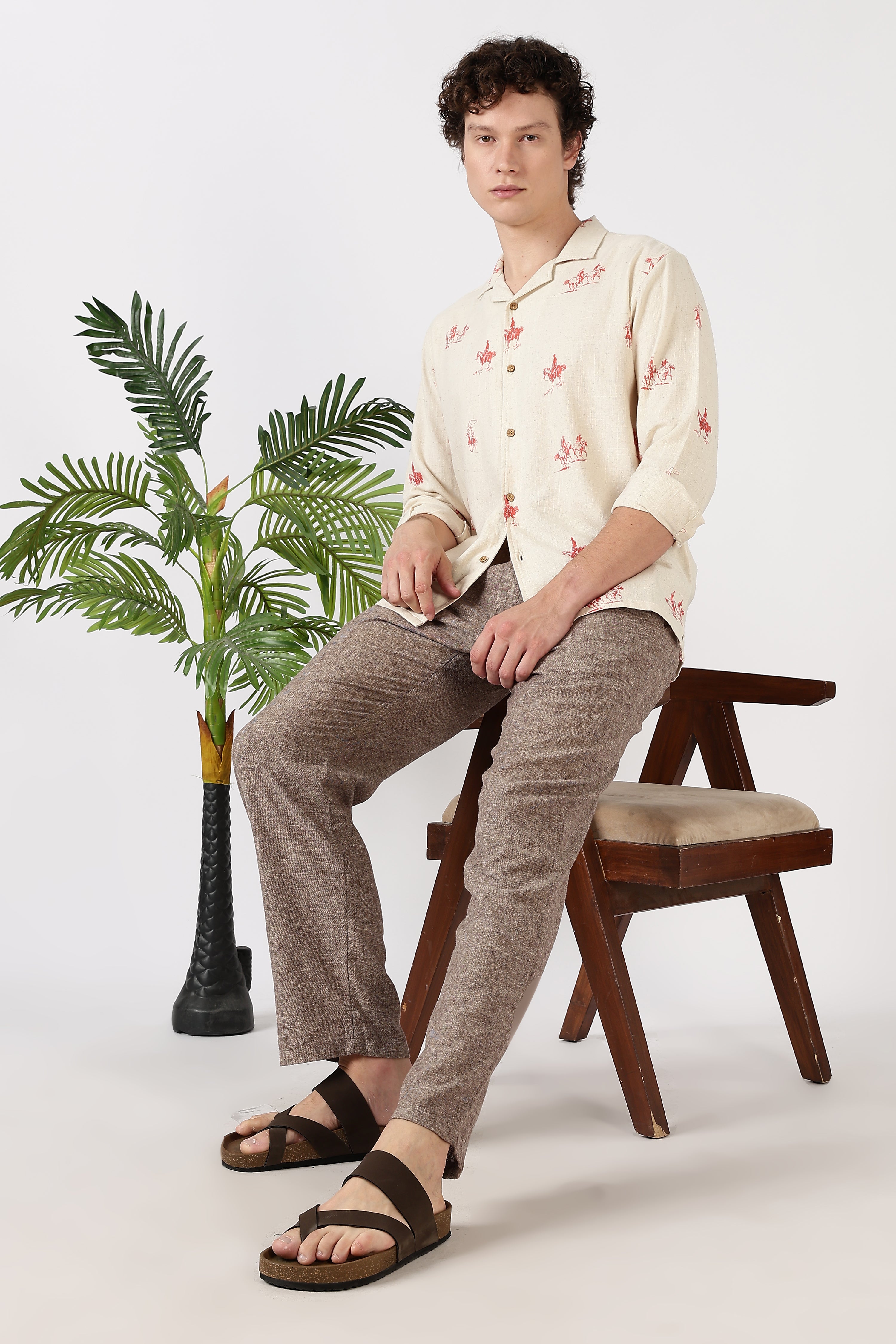 Desert Riders Cotton Box Fit Beige Printed Shirt