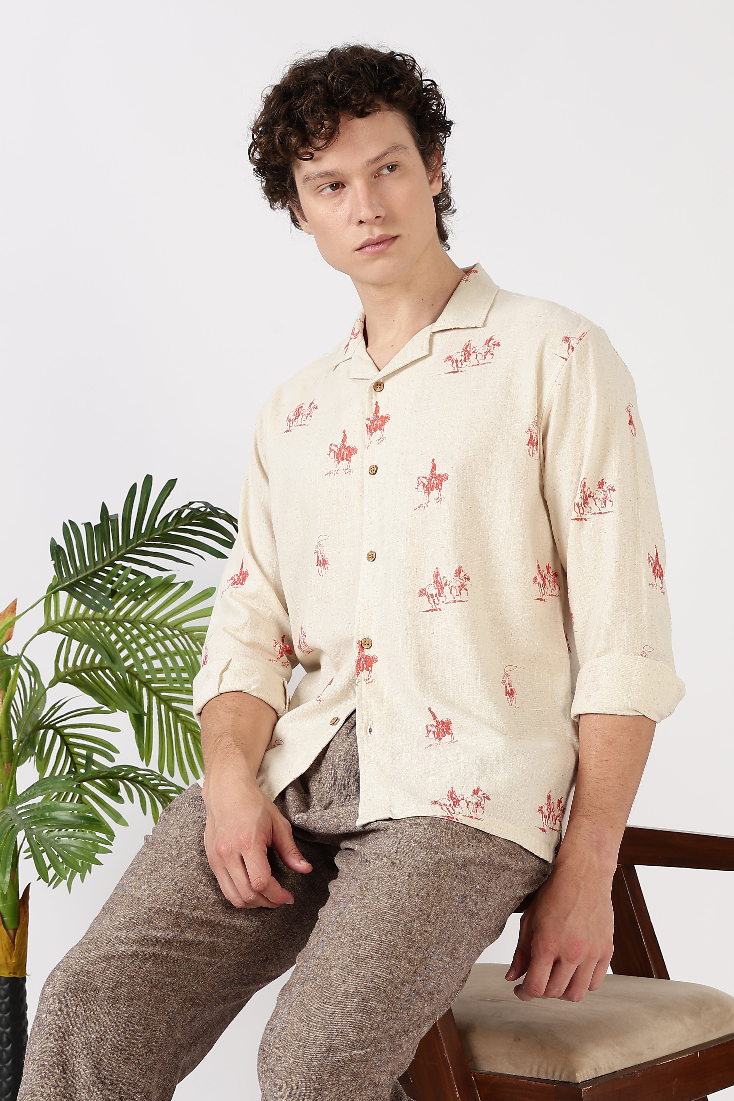 Desert Riders Cotton Box Fit Beige Printed Shirt