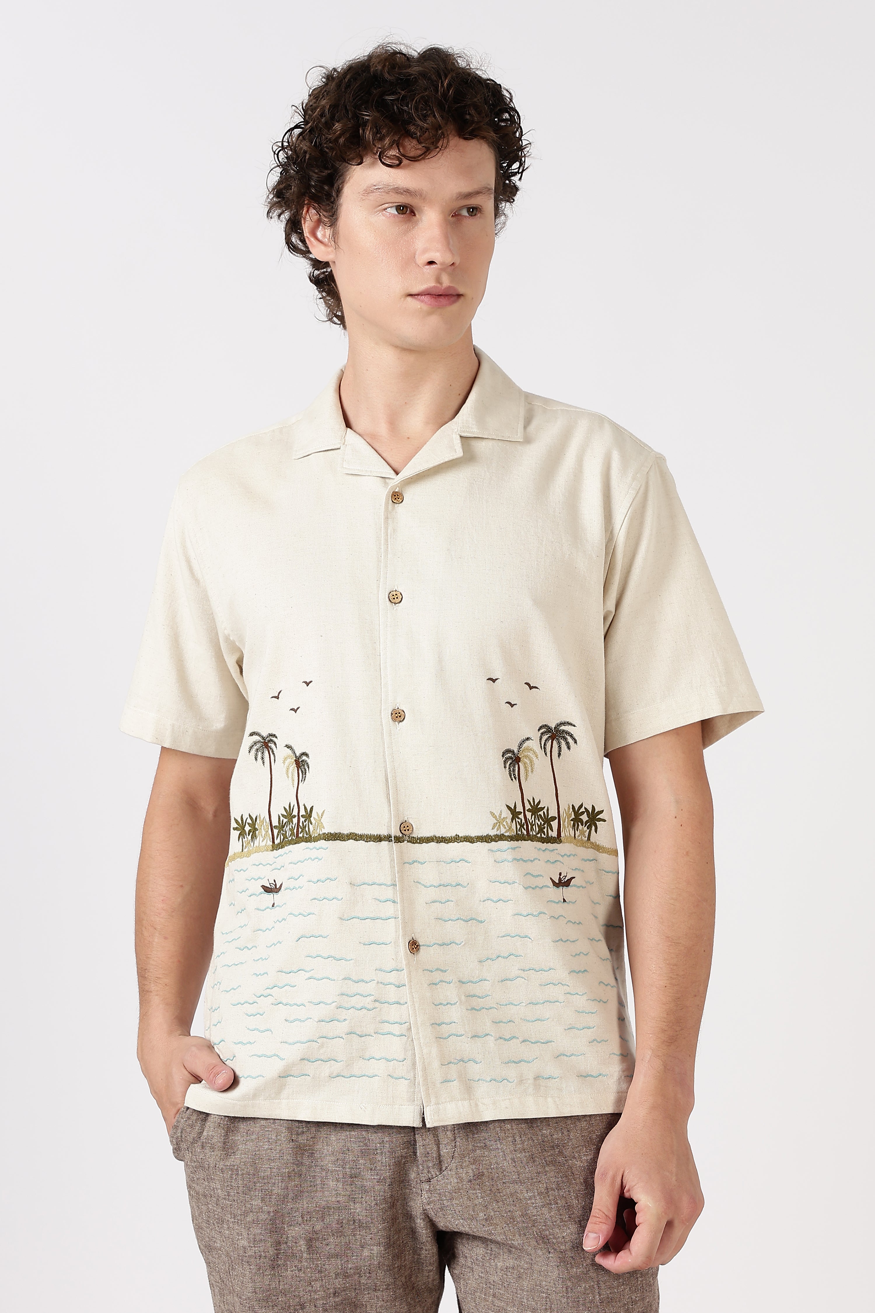Coastal Reverie Cotton Box Fit Cream Embroidered Shirt