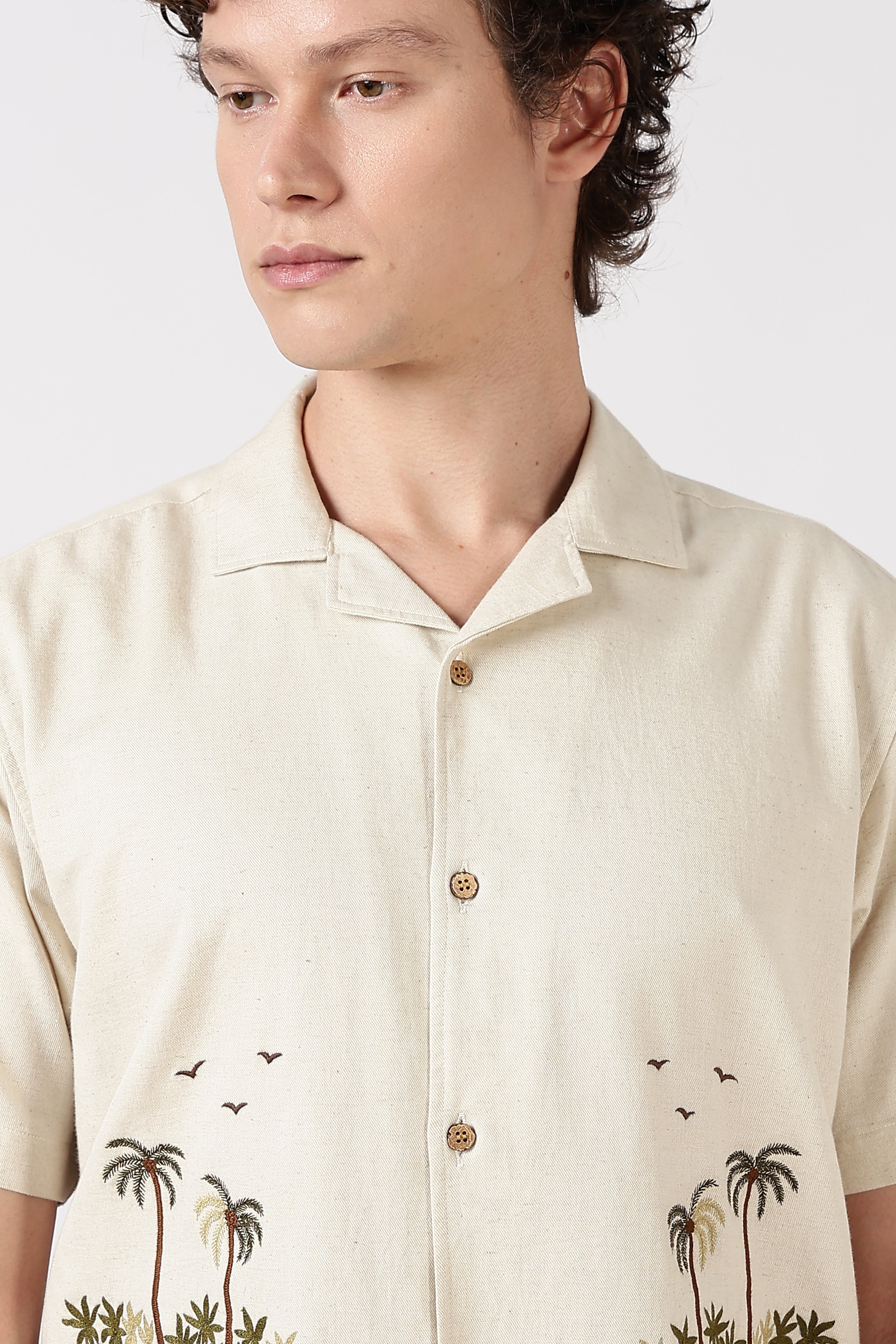Coastal Reverie Cotton Box Fit Cream Embroidered Shirt