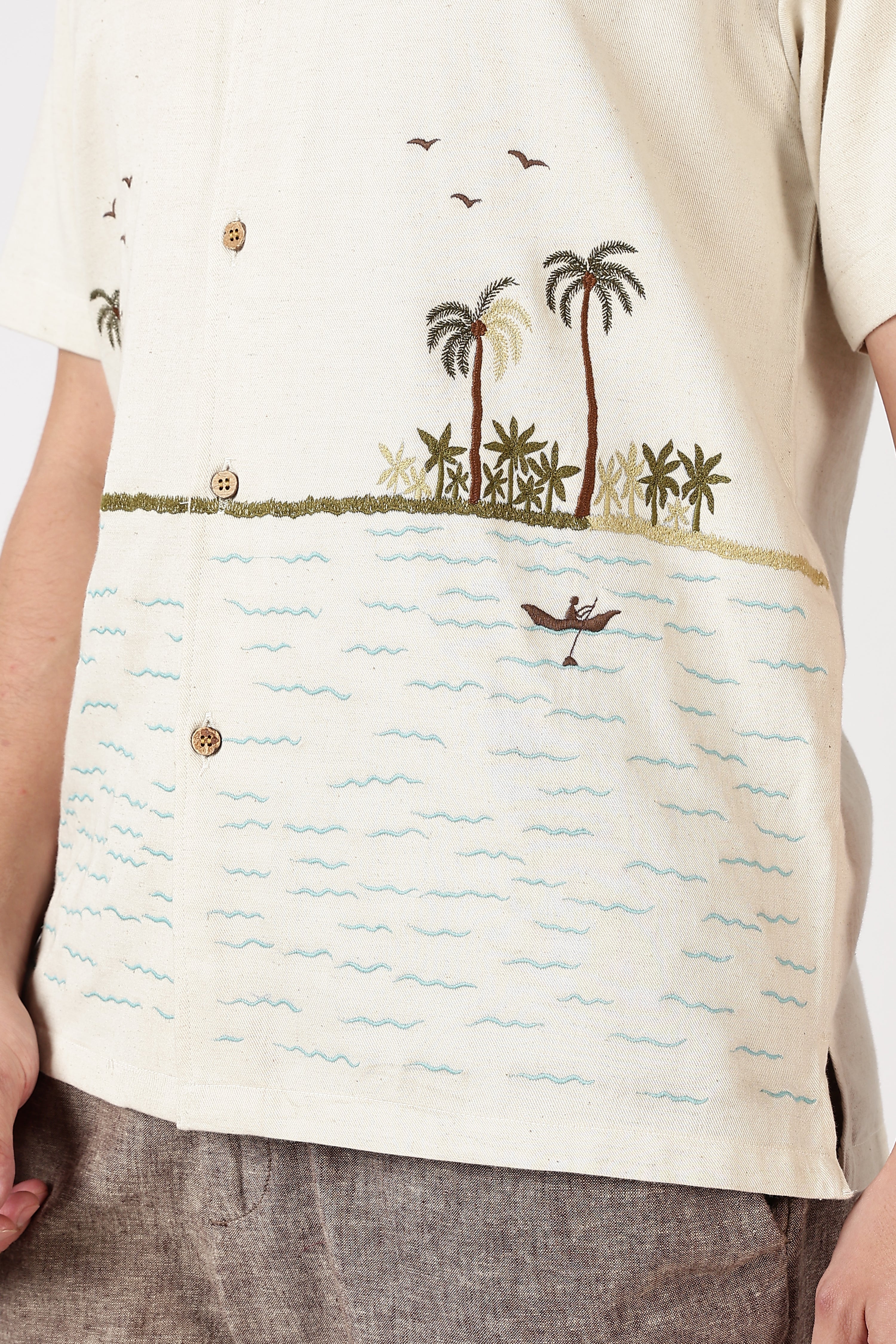 Coastal Reverie Cotton Box Fit Cream Embroidered Shirt