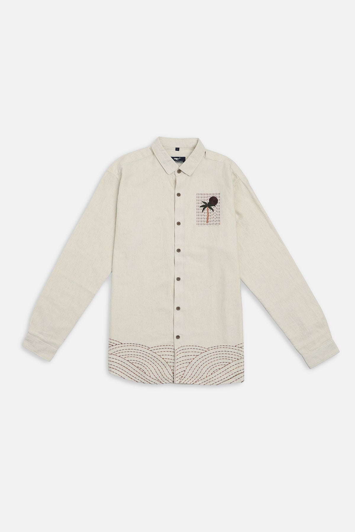 Palm Story Cotton Regular Fit Beige Embroidered Shirt